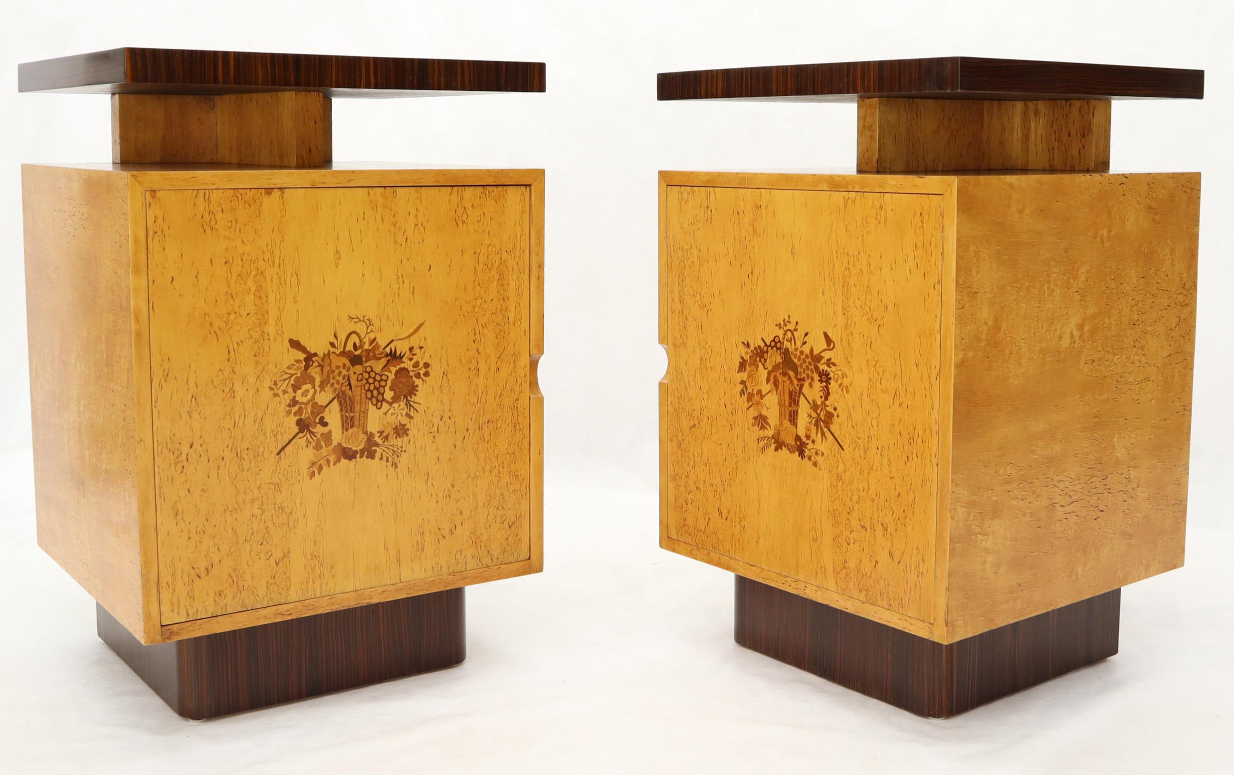 Pair of oversize floating rosewood top large compartment cube shape end tables storage cabinets. Curved rosewood bases. Floral theme doors inlay. Designed by Andrew Szoeke.