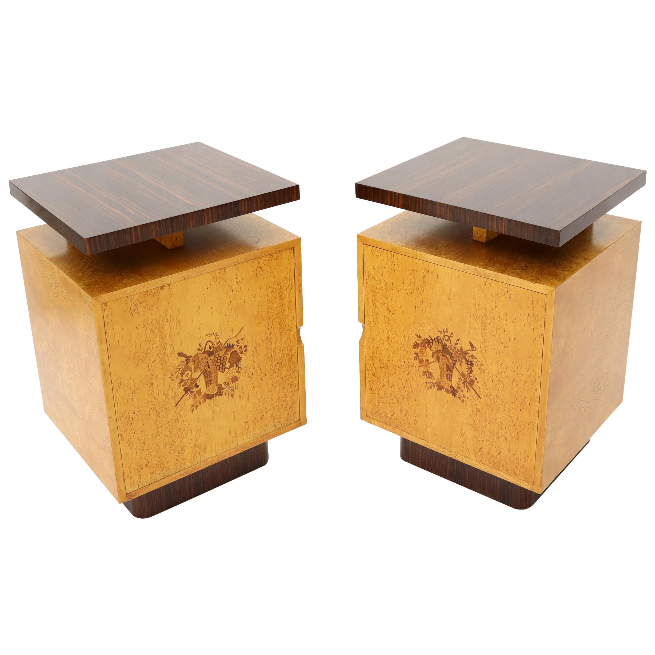 Pair of Large Mid-Century Modern Rosewood and Birdseye Maple Cabinets End Tables For Sale