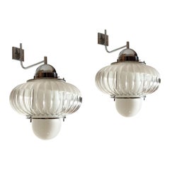 Pair of Large Mid-Century Modern Sconces/Lanterns Chrome and Glass Guzzini Style