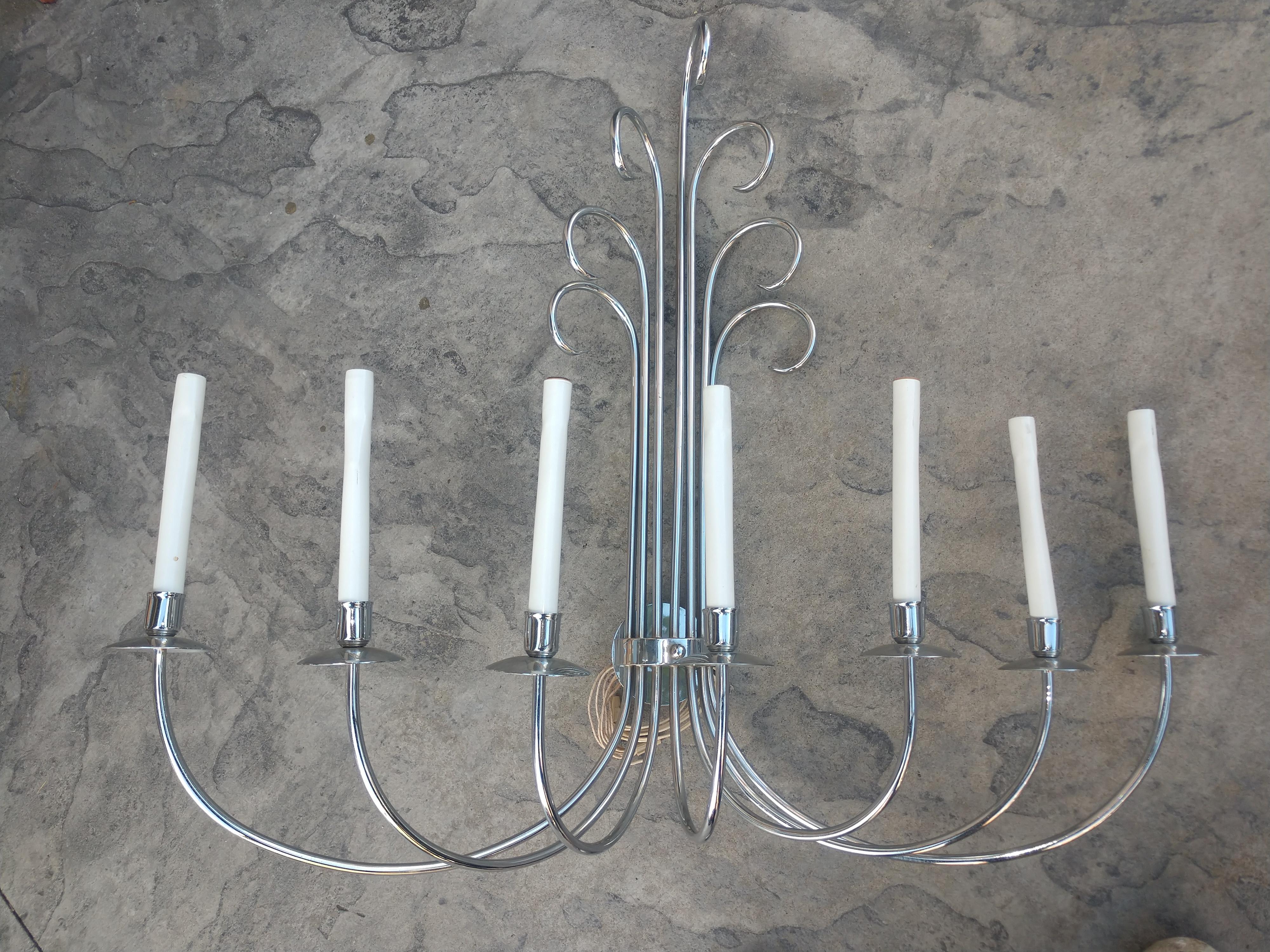 Pair of Large Mid Century Modern Seven Light Scrolled Chrome Wall Sconces For Sale 1
