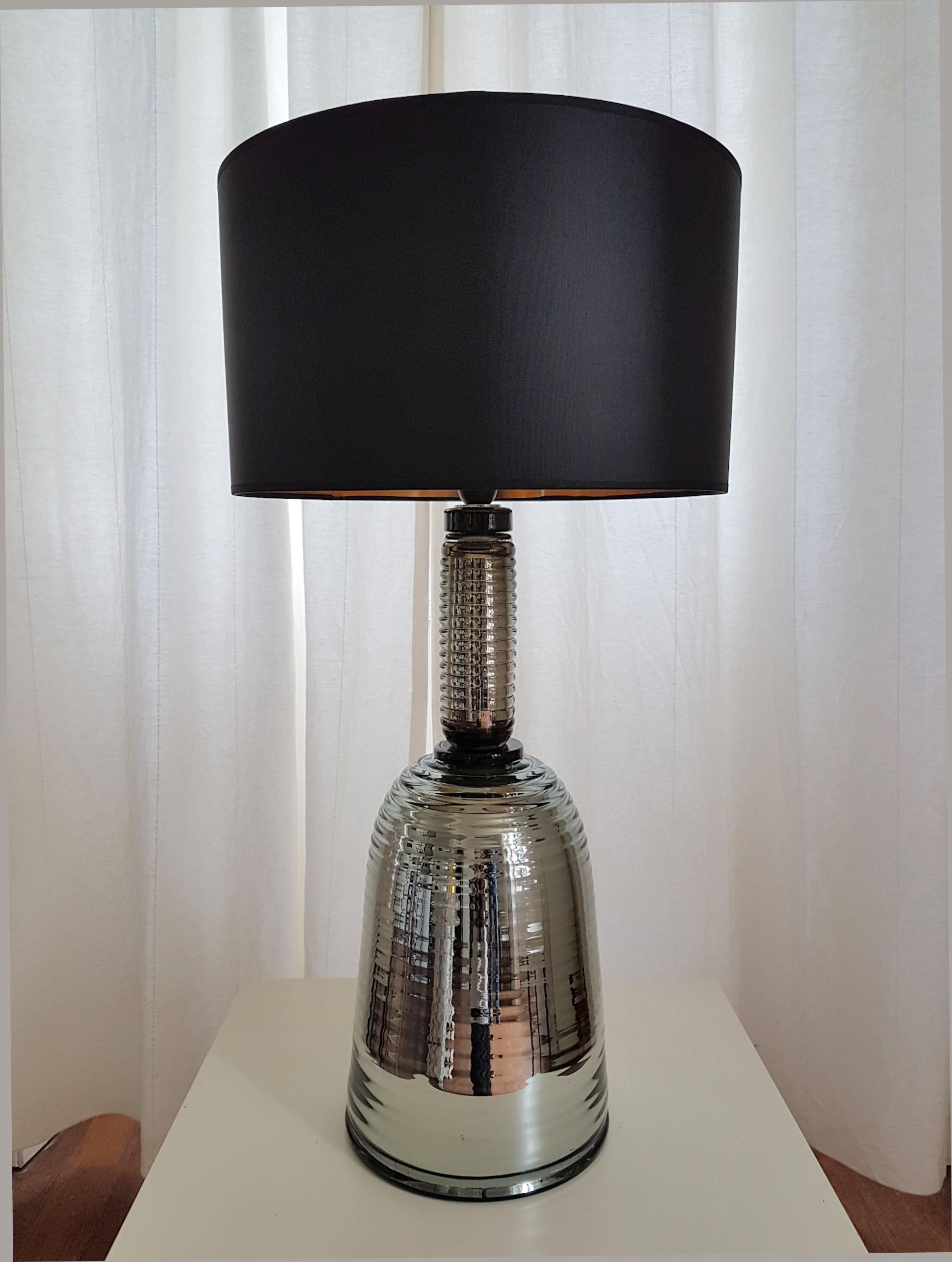 Italian Pair of Large Mid-Century Modern Silver Mirrored Murano Glass Lamps, 1980s