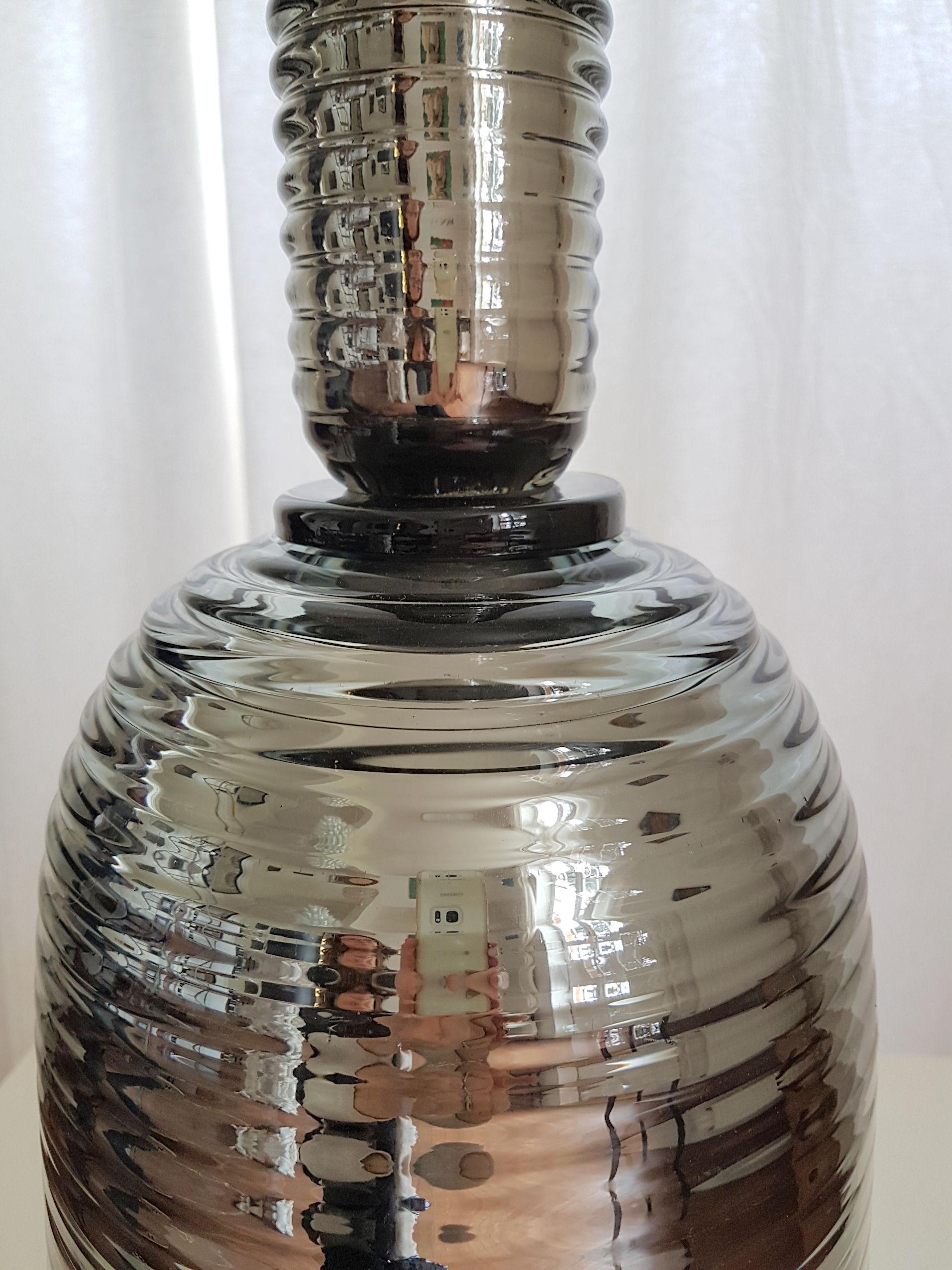 Pair of Large Mid-Century Modern Silver Mirrored Murano Glass Lamps, 1980s 1