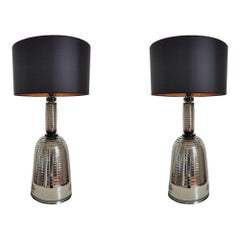 Pair of Large Mid-Century Modern Silver Mirrored Murano Glass Lamps, 1980s