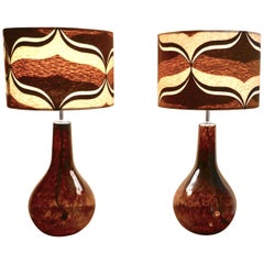 Pair of Large Mid-Century Modern Splatter Glass Lamps with Retro Lamp Shades