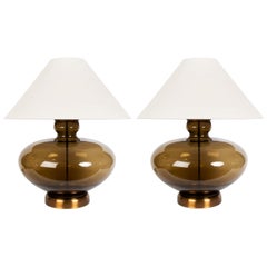 Pair of Large Mid-Century Modern Urn Shaped Smoked Glass Lamps