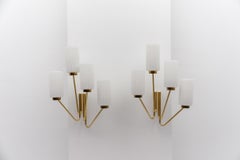 Pair of Large Mid-Century Modern Wall Lamps in Brass and Opaline Glass, 1950s