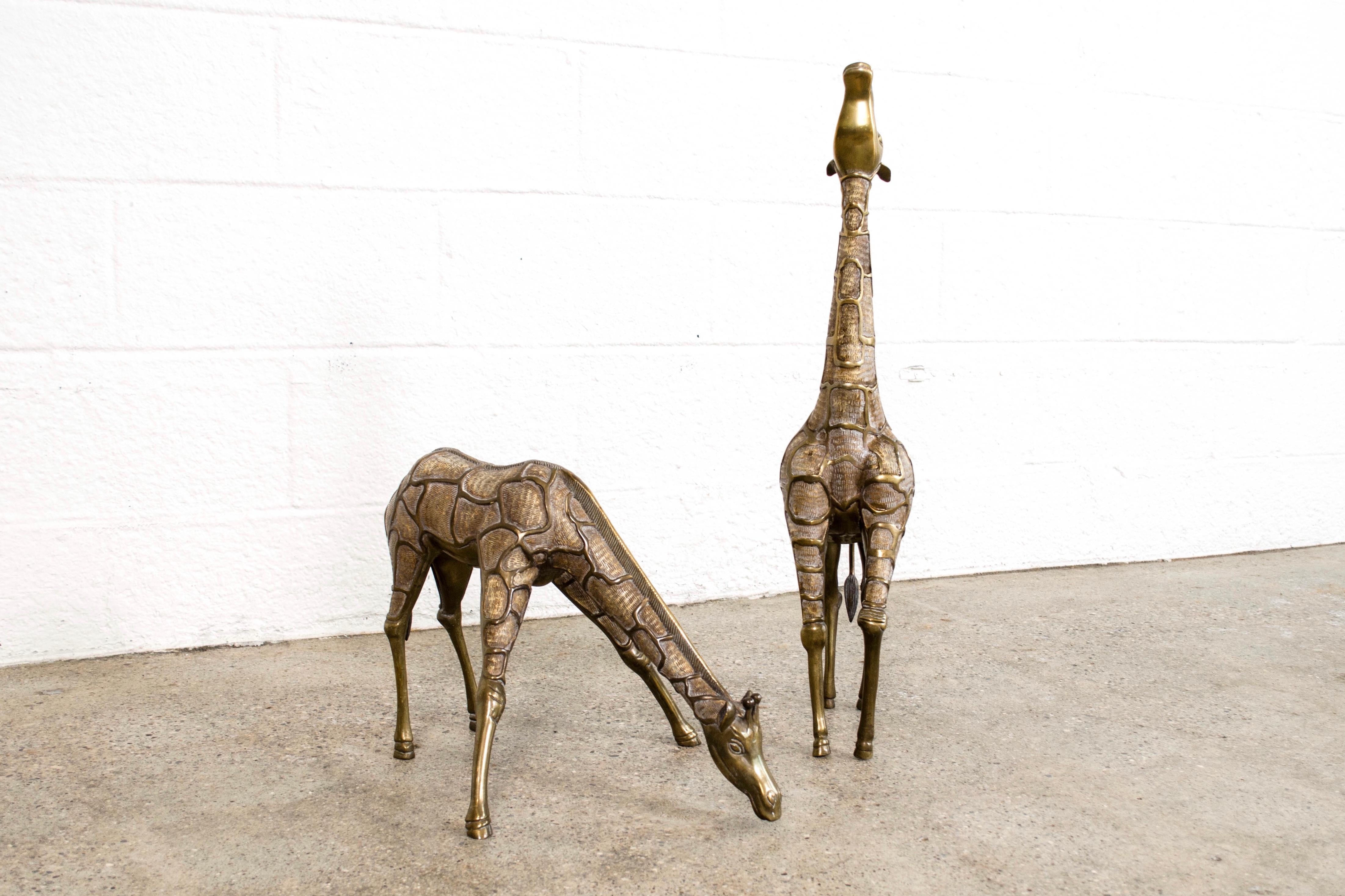 American Pair of Large Mid-Century Modernist Brass Giraffe Floor Statues For Sale
