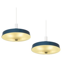 Pair of Large Mid Century Pendant Lamps in Painted Metal and Opaline Glass 1960