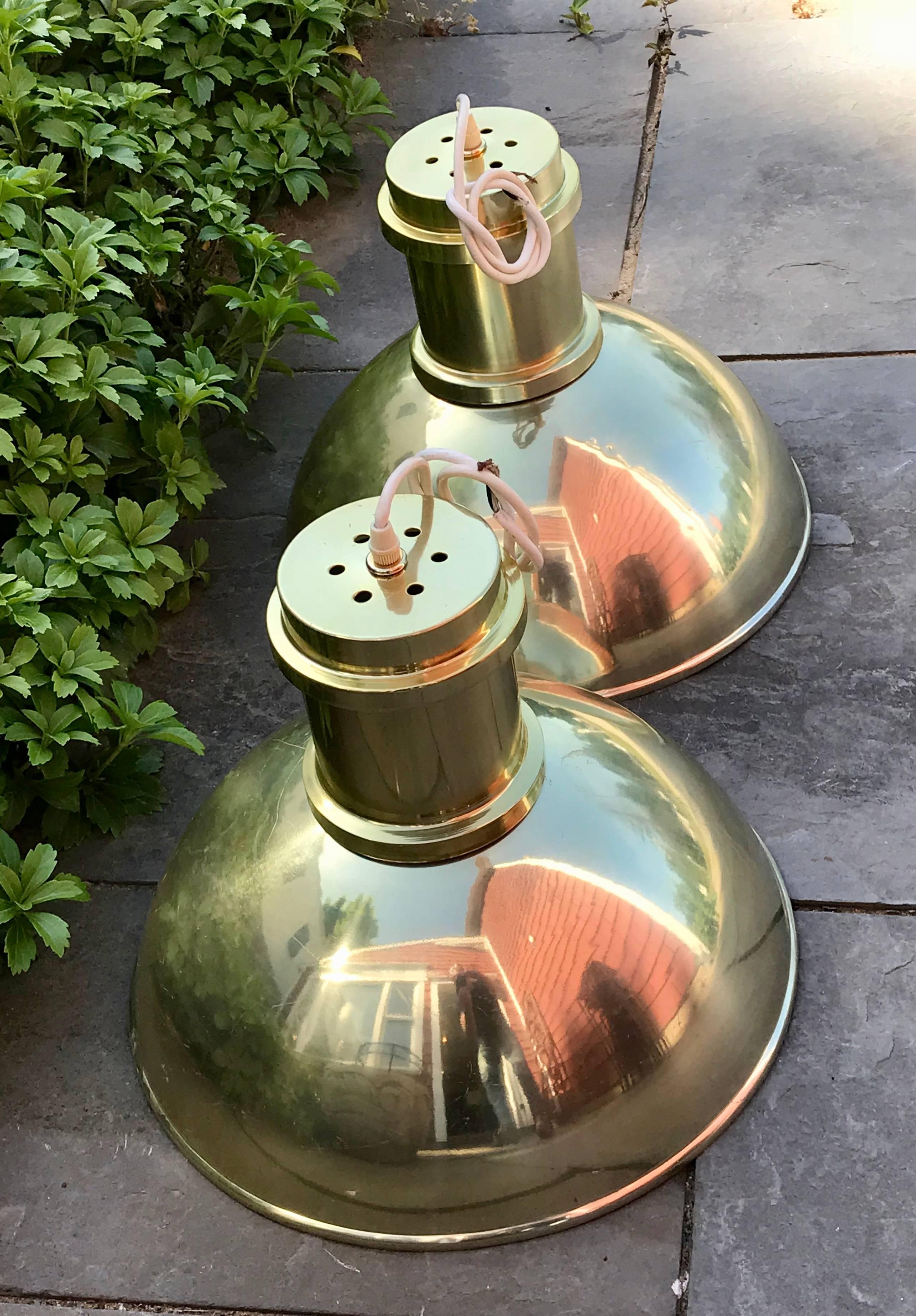 American Pair of Large Mid Century Pendant Lights, Lacquered Brass on Aluminun