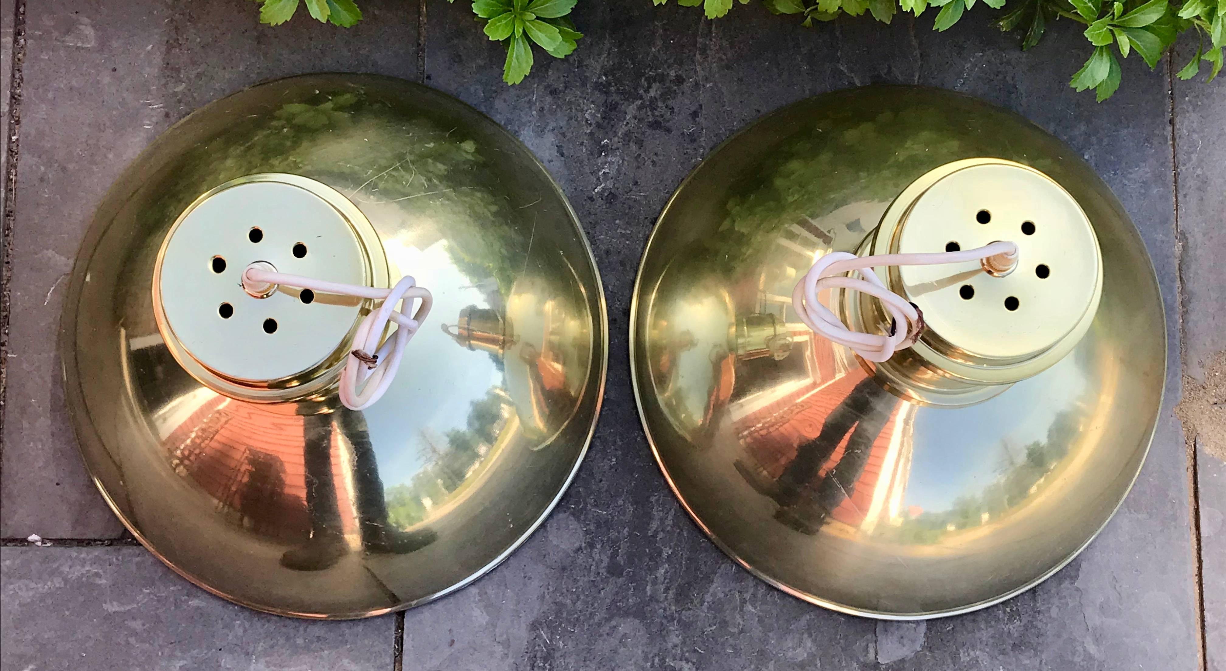 Pair of Large Mid Century Pendant Lights, Lacquered Brass on Aluminun In Good Condition In Bedford Hills, NY
