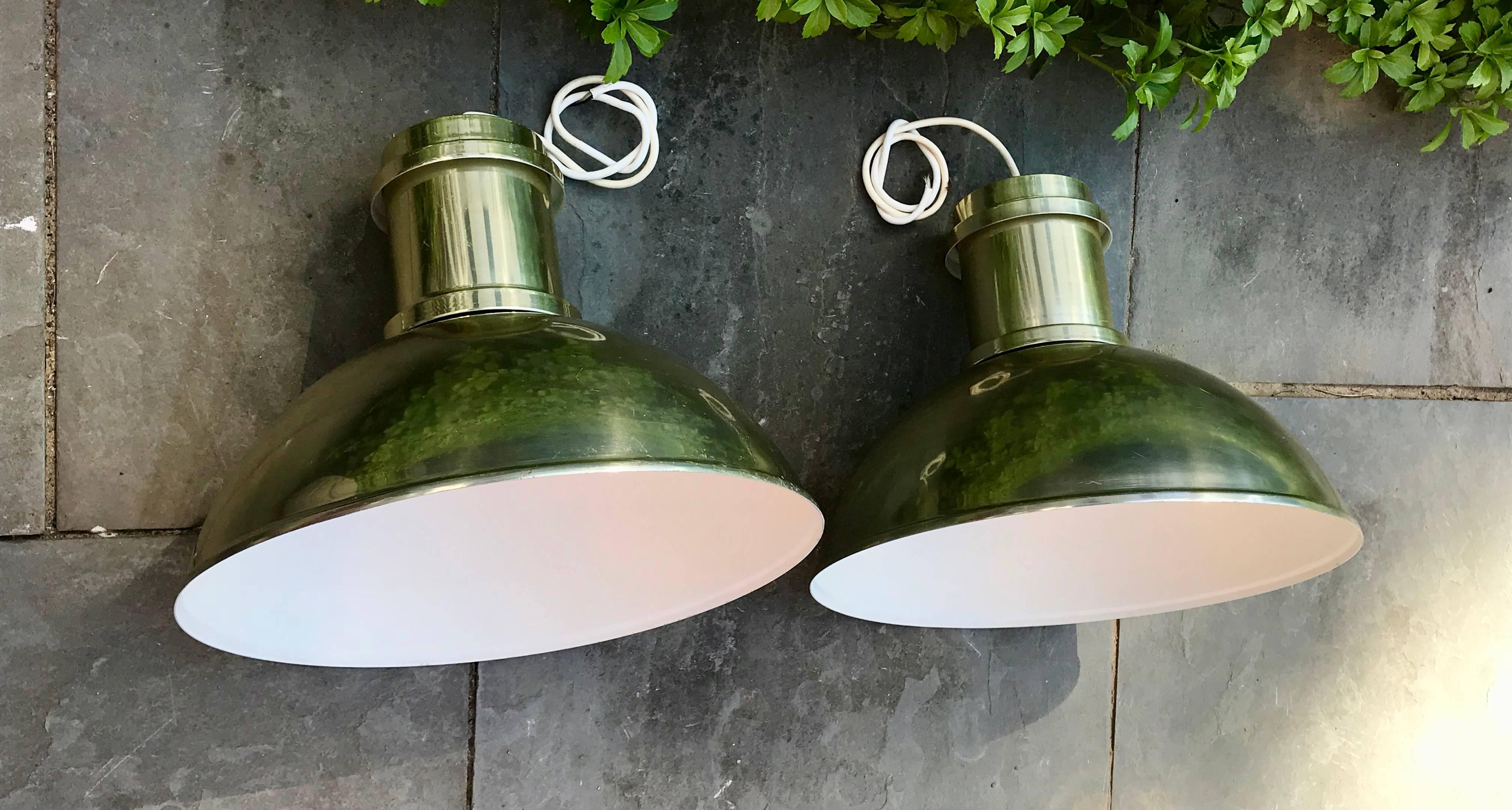 Aluminum Pair of Large Mid Century Pendant Lights, Lacquered Brass on Aluminun