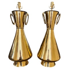 Mid Century Pair Large Polished Brass Table Lamps