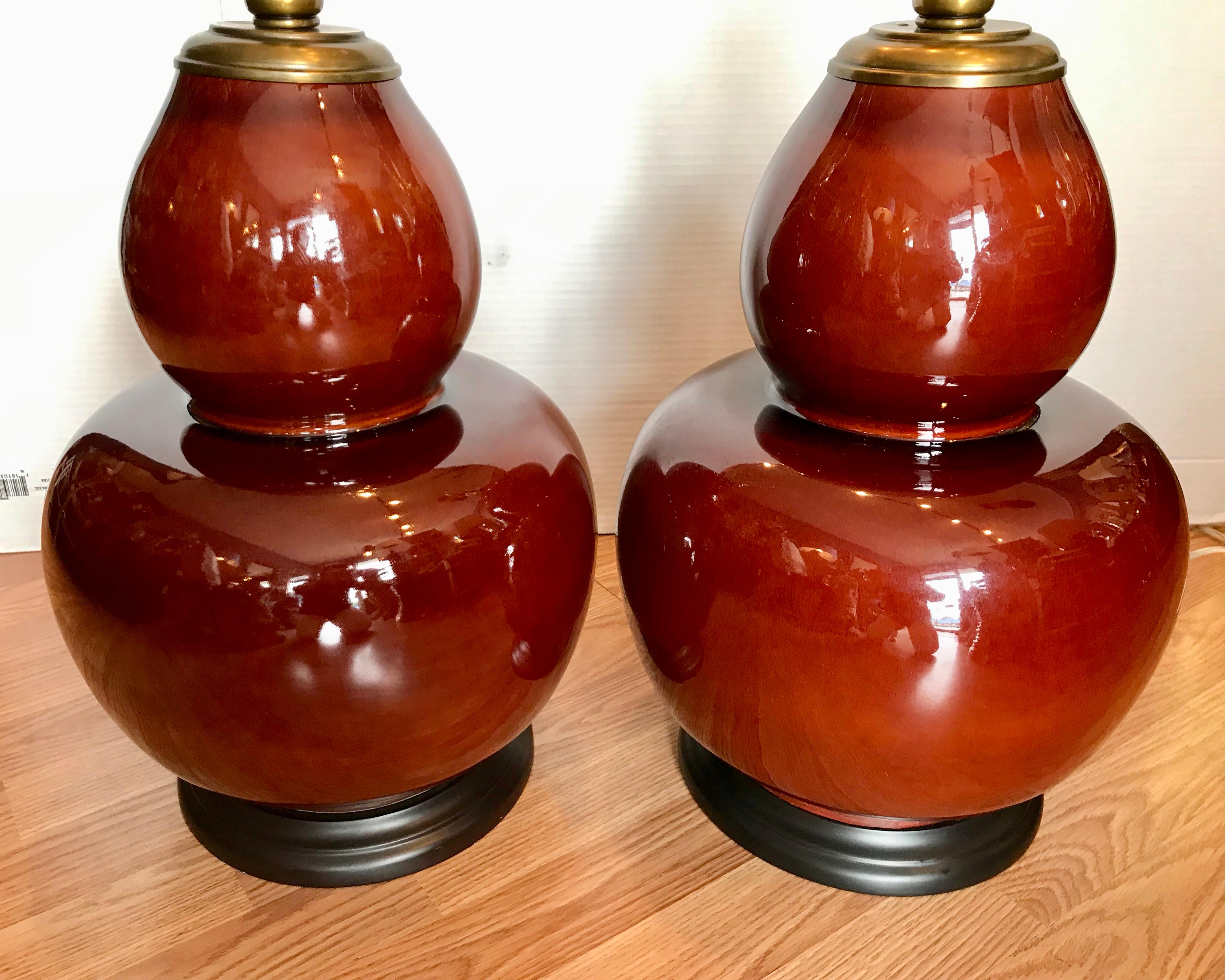 Porcelain Pair of Large Midcentury Sang de Boeuf Lamps