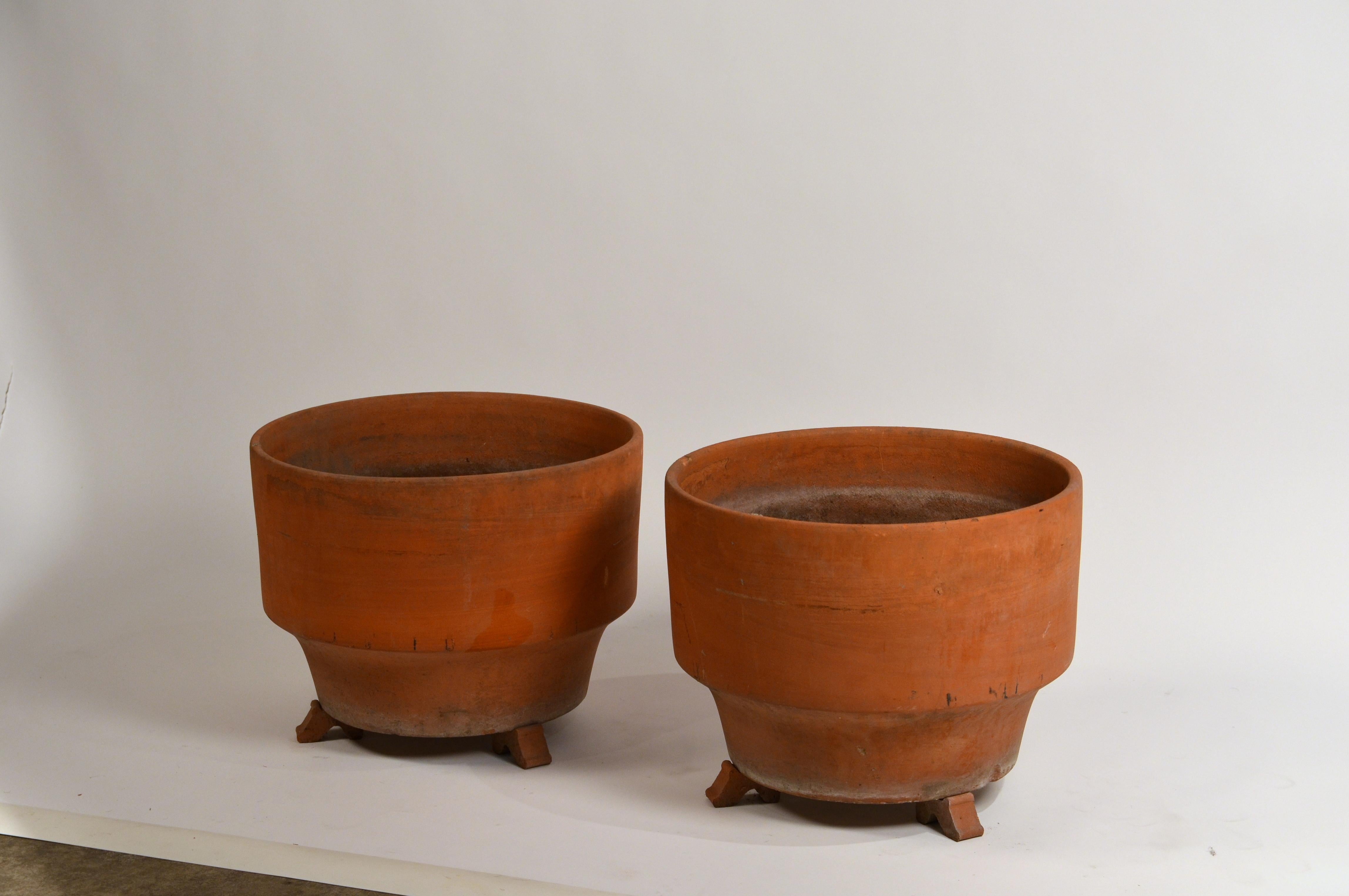 Mid-Century Modern Pair of Large Midcentury Unglazed Terracotta Planters on Stands