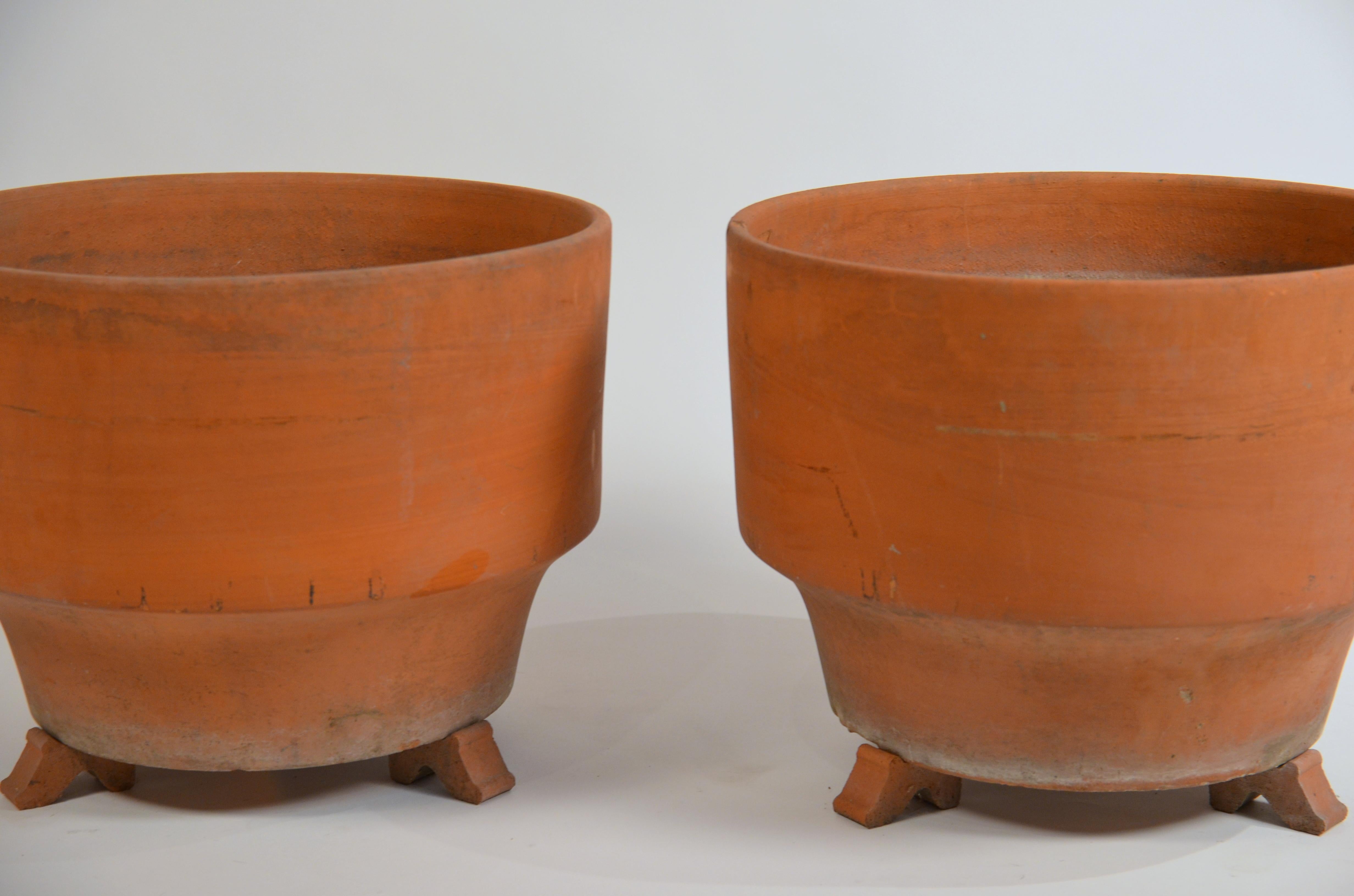 American Pair of Large Midcentury Unglazed Terracotta Planters on Stands