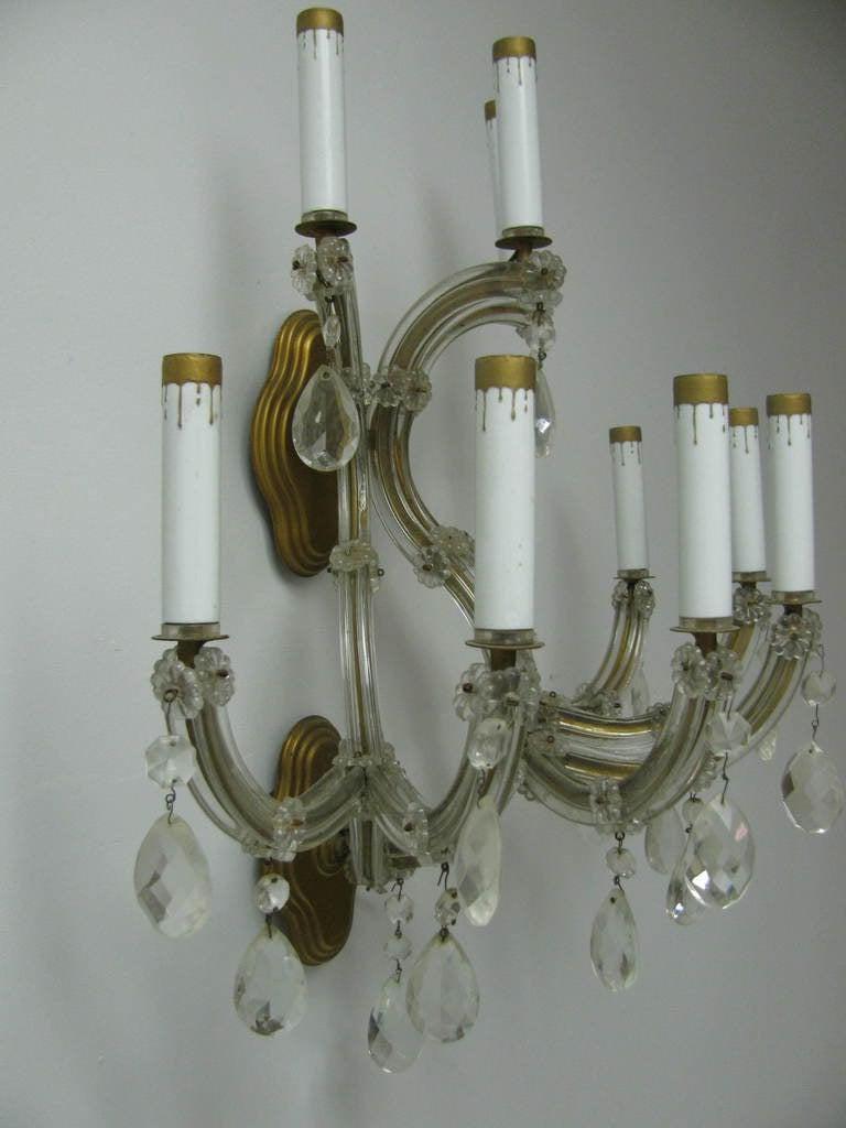 Pair of Large Mid-Century Venetian Glass Nine-Arm Two-Tier Sconces In Good Condition For Sale In Port Jervis, NY