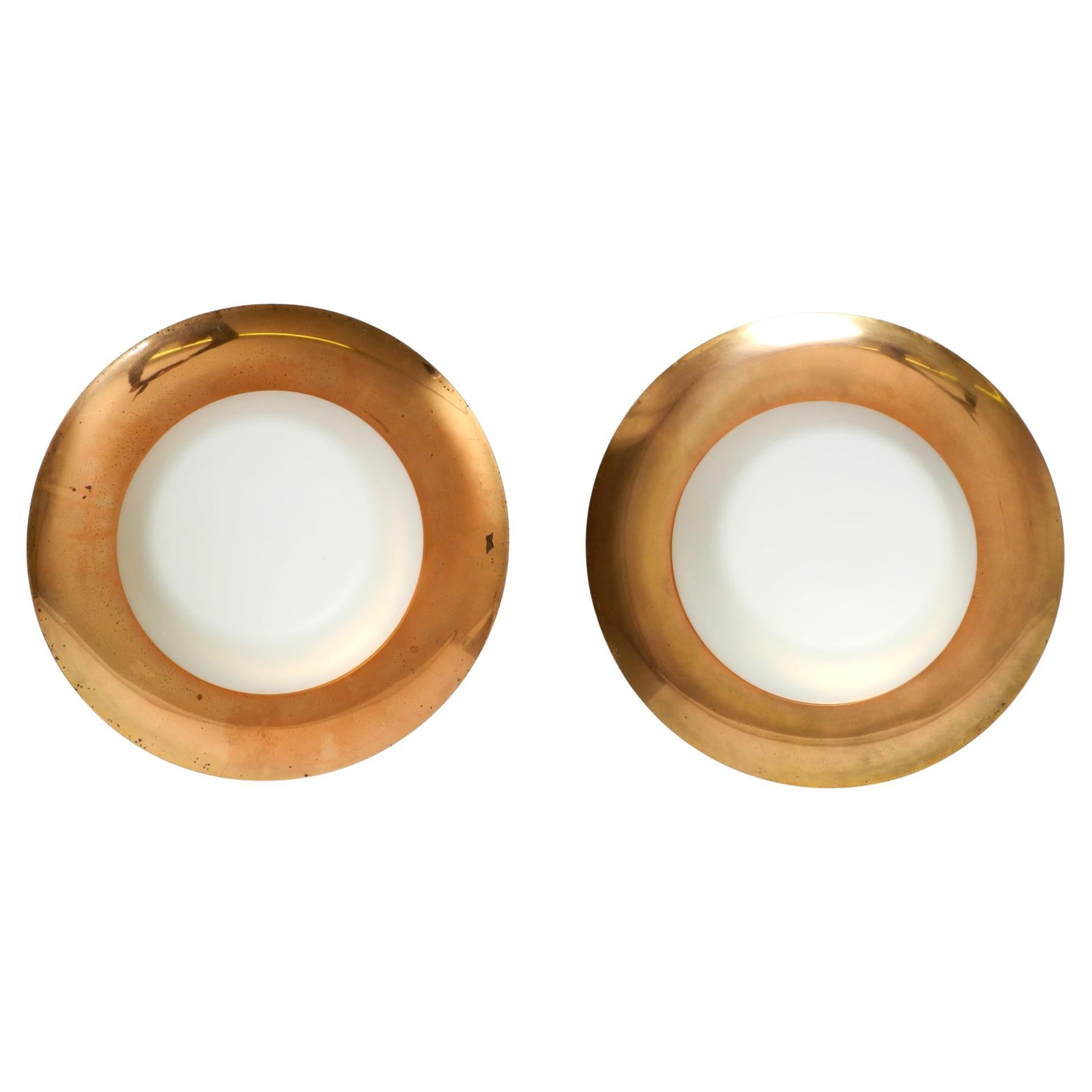 Pair of large Mid Century wall or ceiling lamps made of glass with copper-plated For Sale