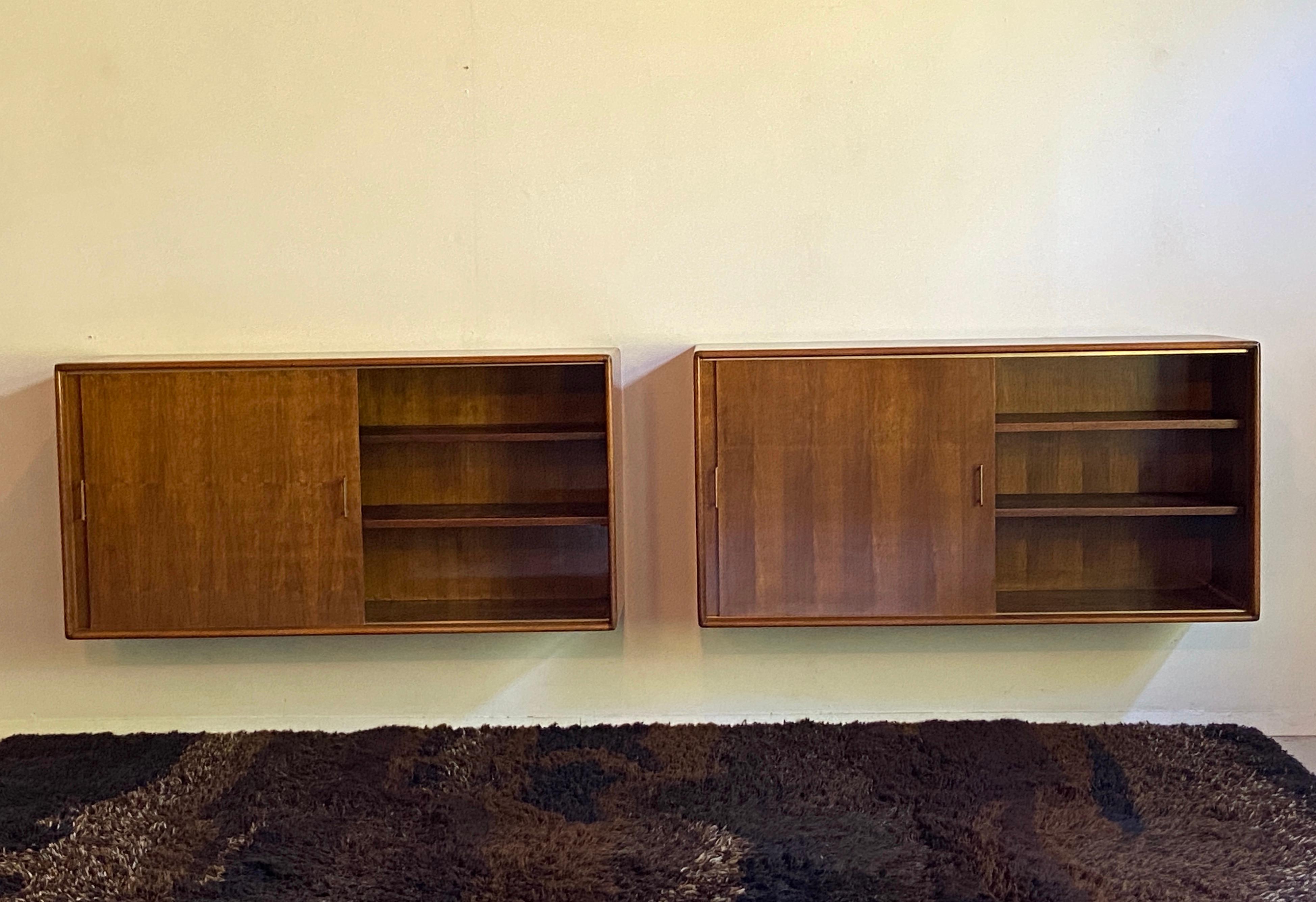 American Pair of large mid century walnut wall hung cabinets - credenza For Sale