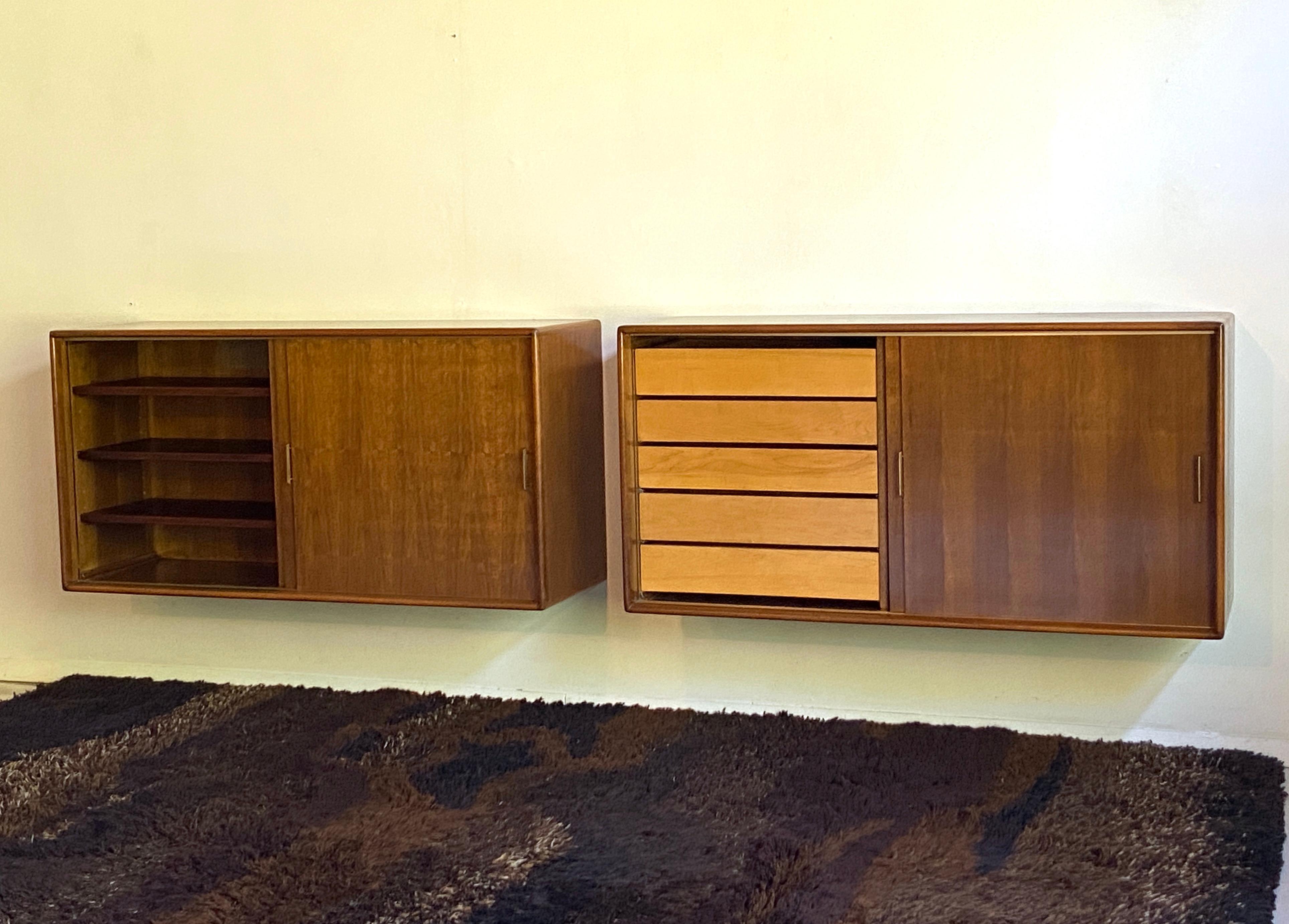Pair of large mid century walnut wall hung cabinets - credenza In Good Condition For Sale In Liberty, NY