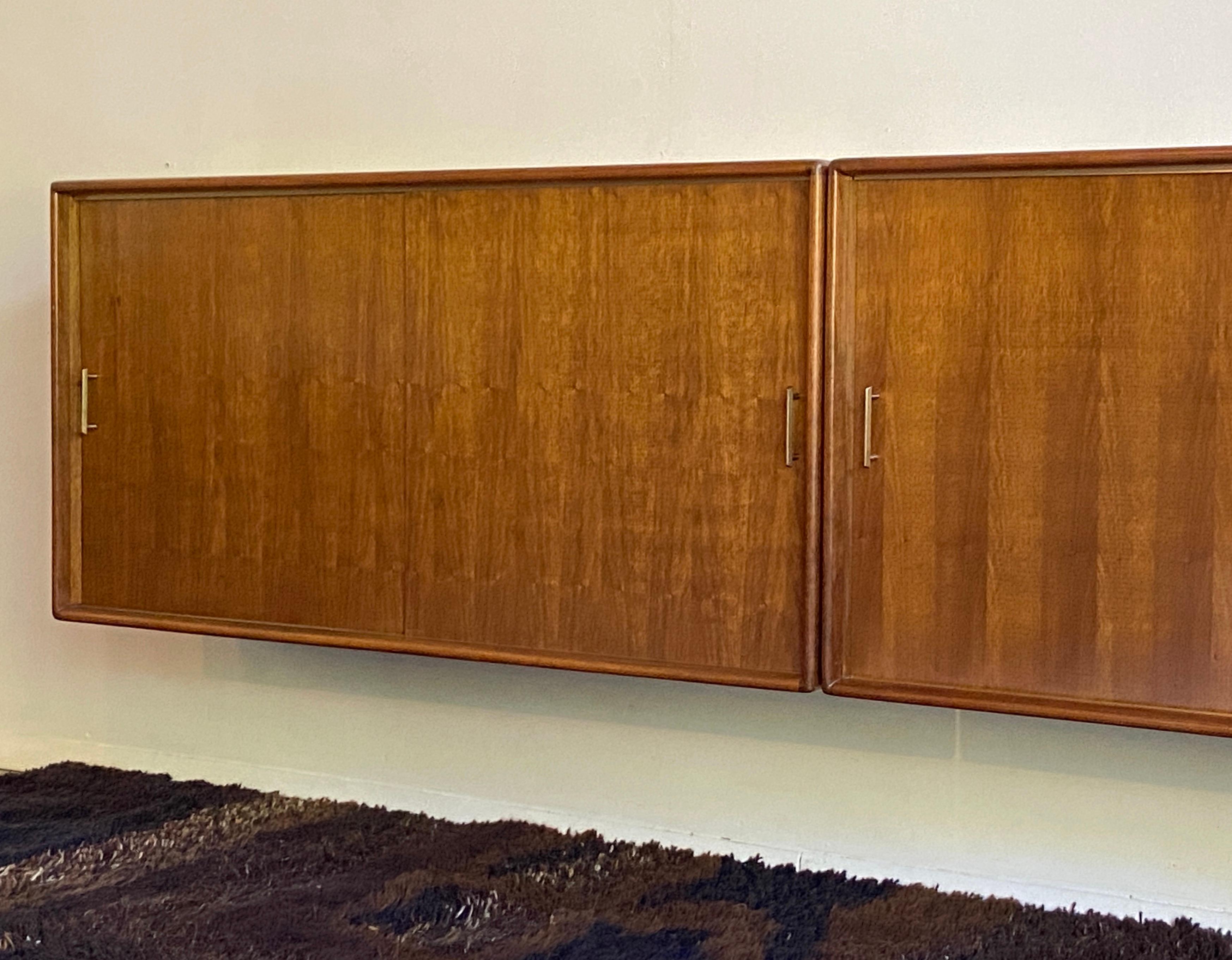 Walnut Pair of large mid century walnut wall hung cabinets - credenza For Sale