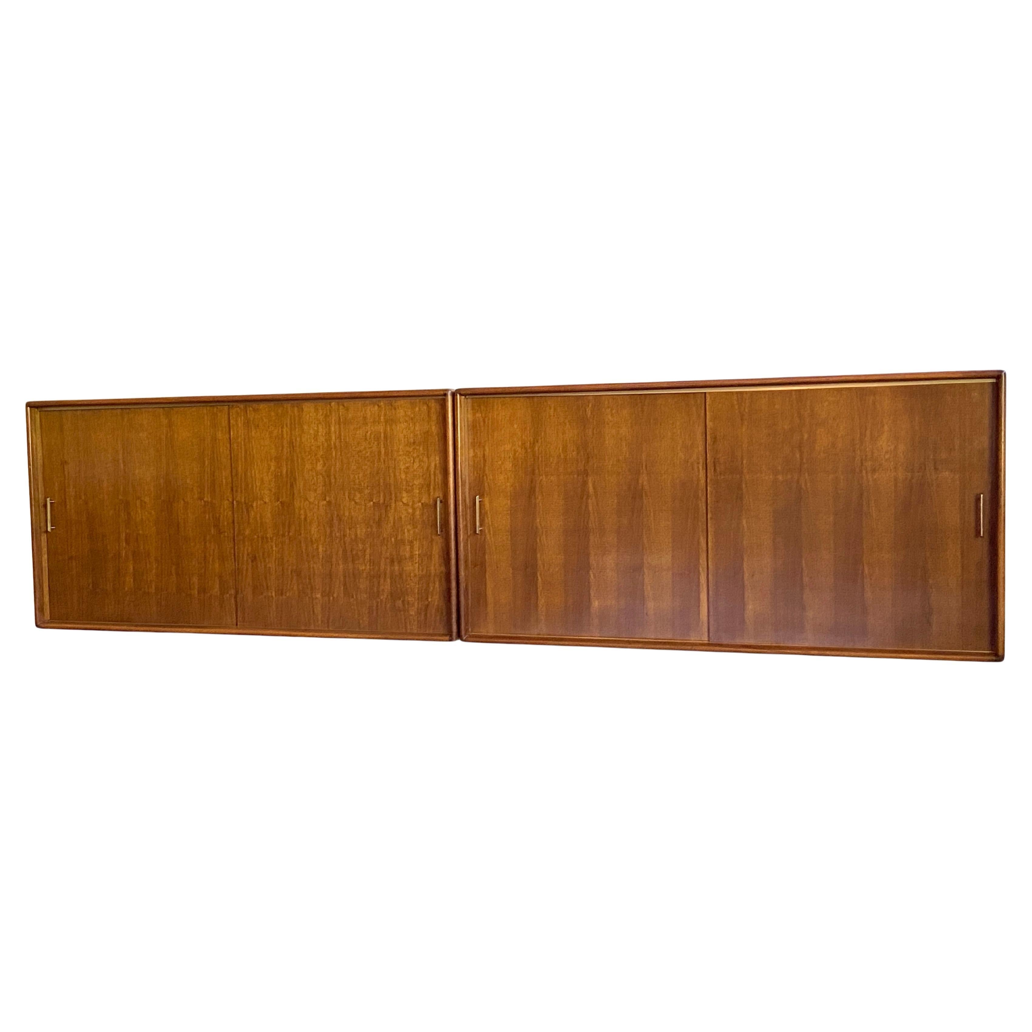 Pair of large mid century walnut wall hung cabinets - credenza For Sale
