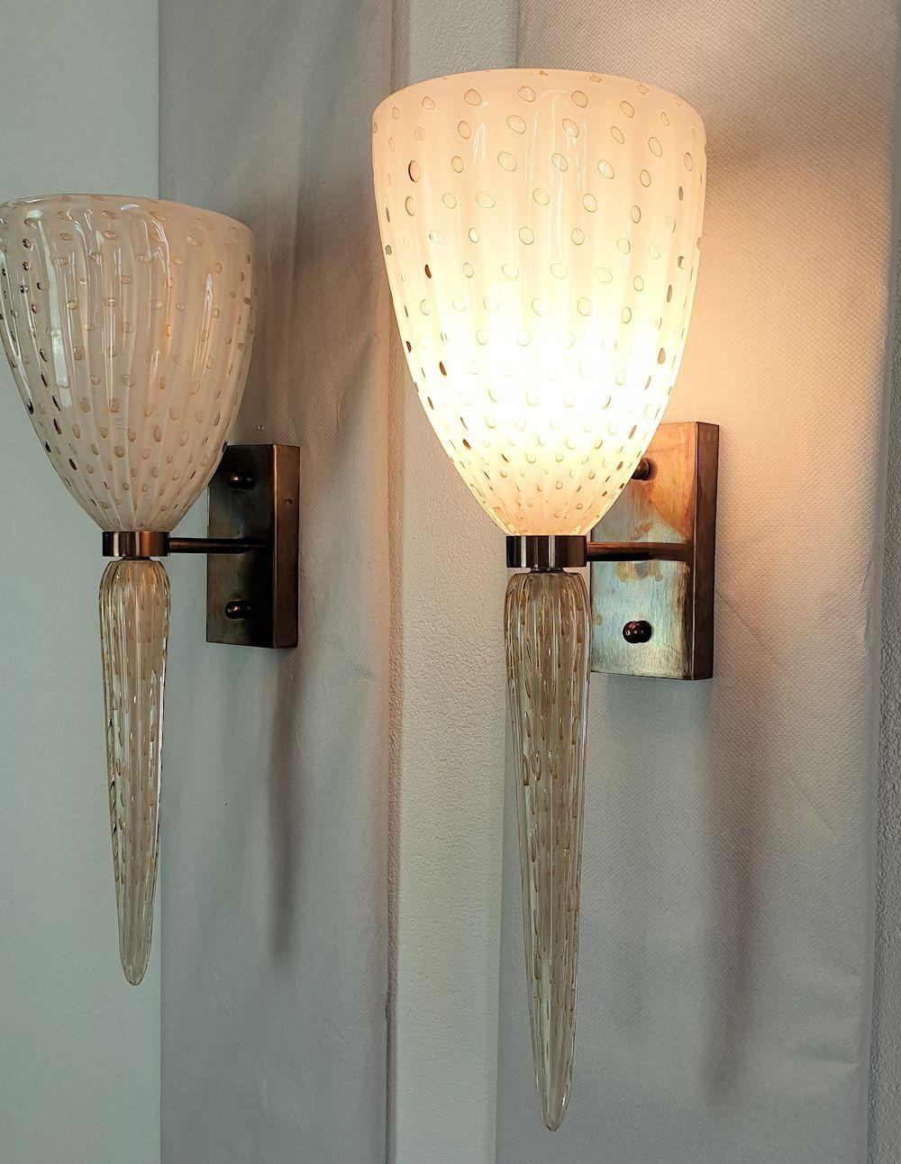 Italian Mid Century Murano Glass White Large Sconces Venini Style - a pair