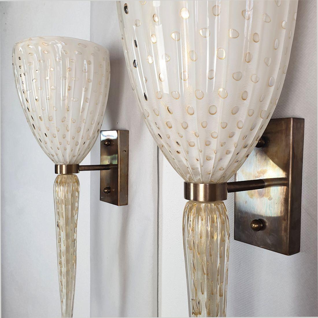 Brass Mid Century Murano Glass White Large Sconces Venini Style - a pair