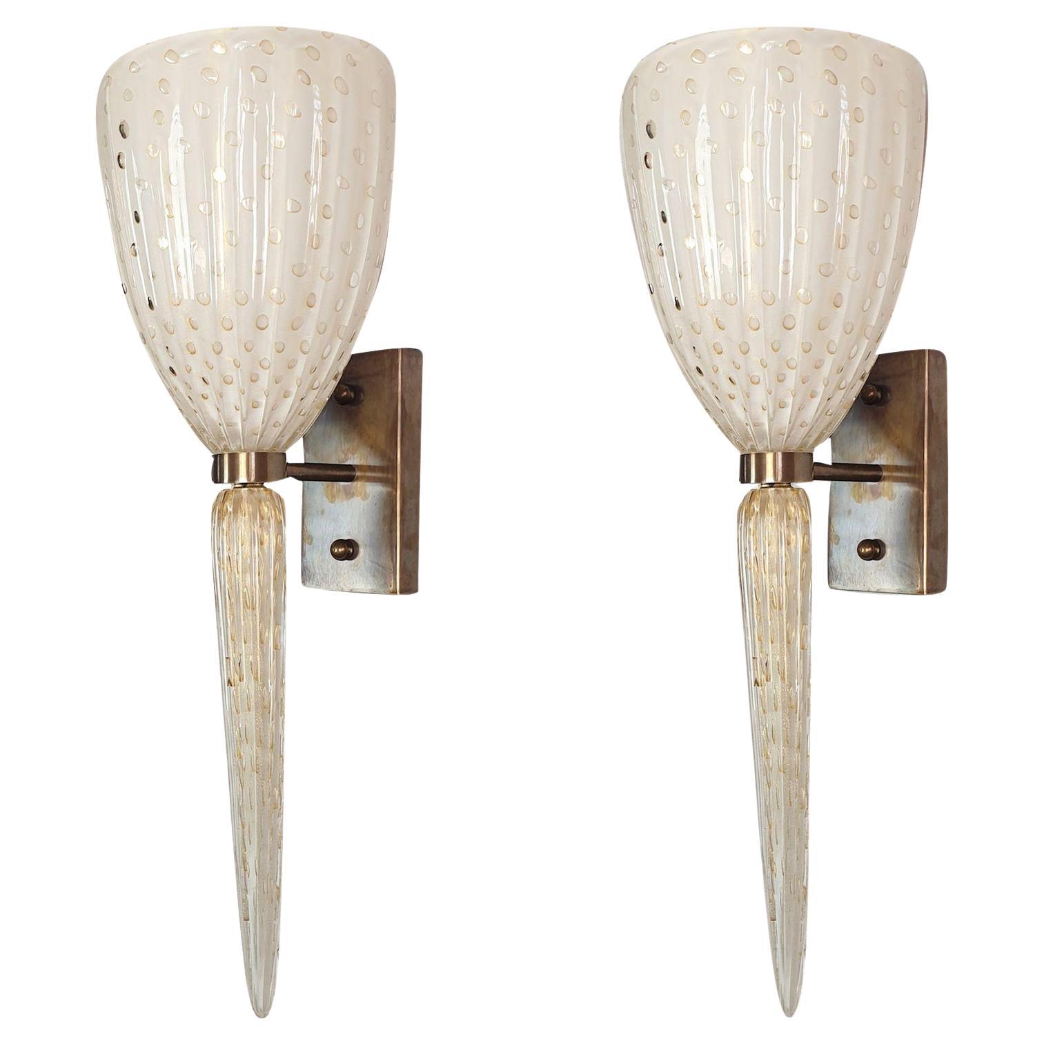 Mid Century Murano Glass White Large Sconces Venini Style - a pair