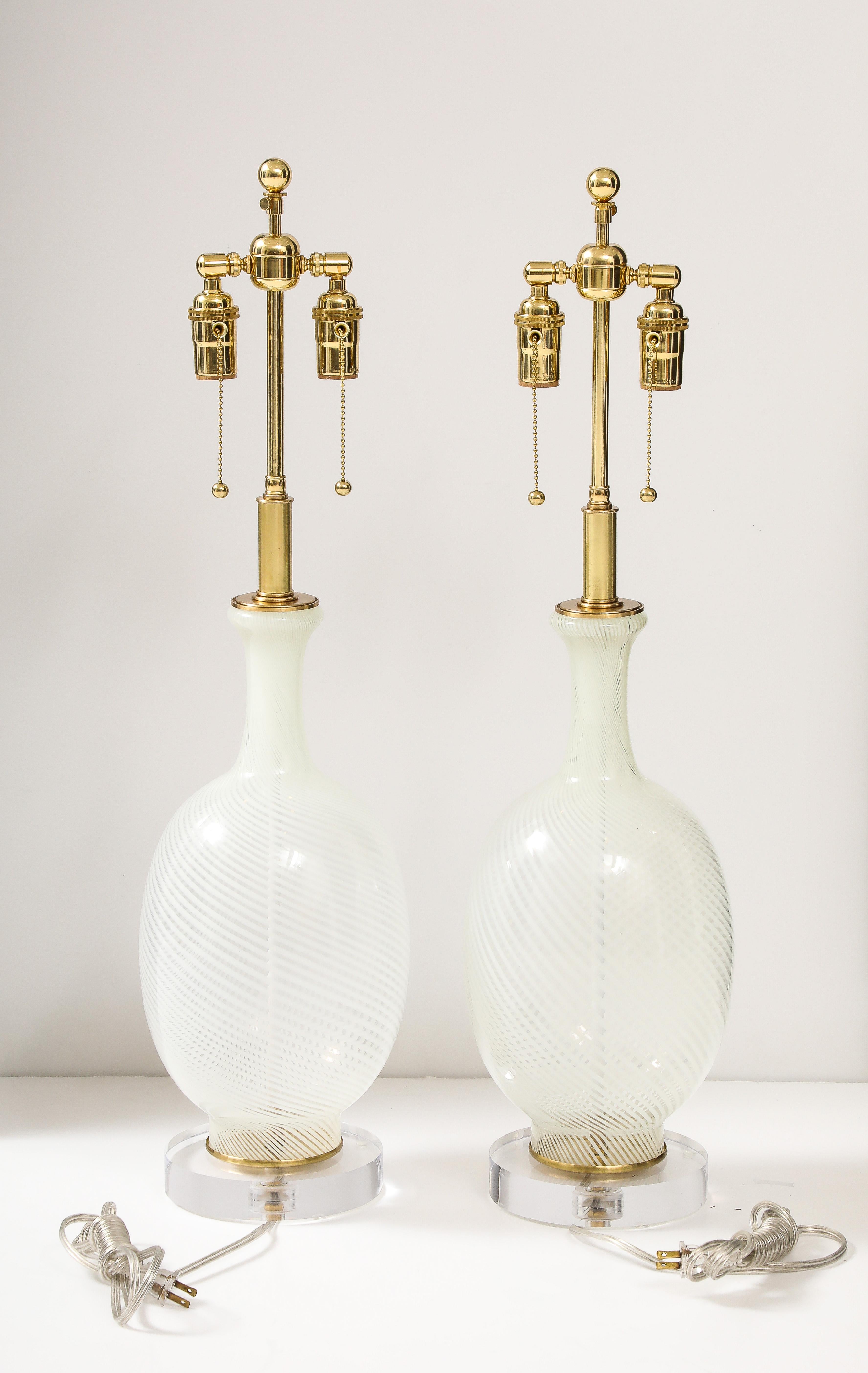 Pair of Large Mid-Century  White Striped Murano Glass Lamps. 3