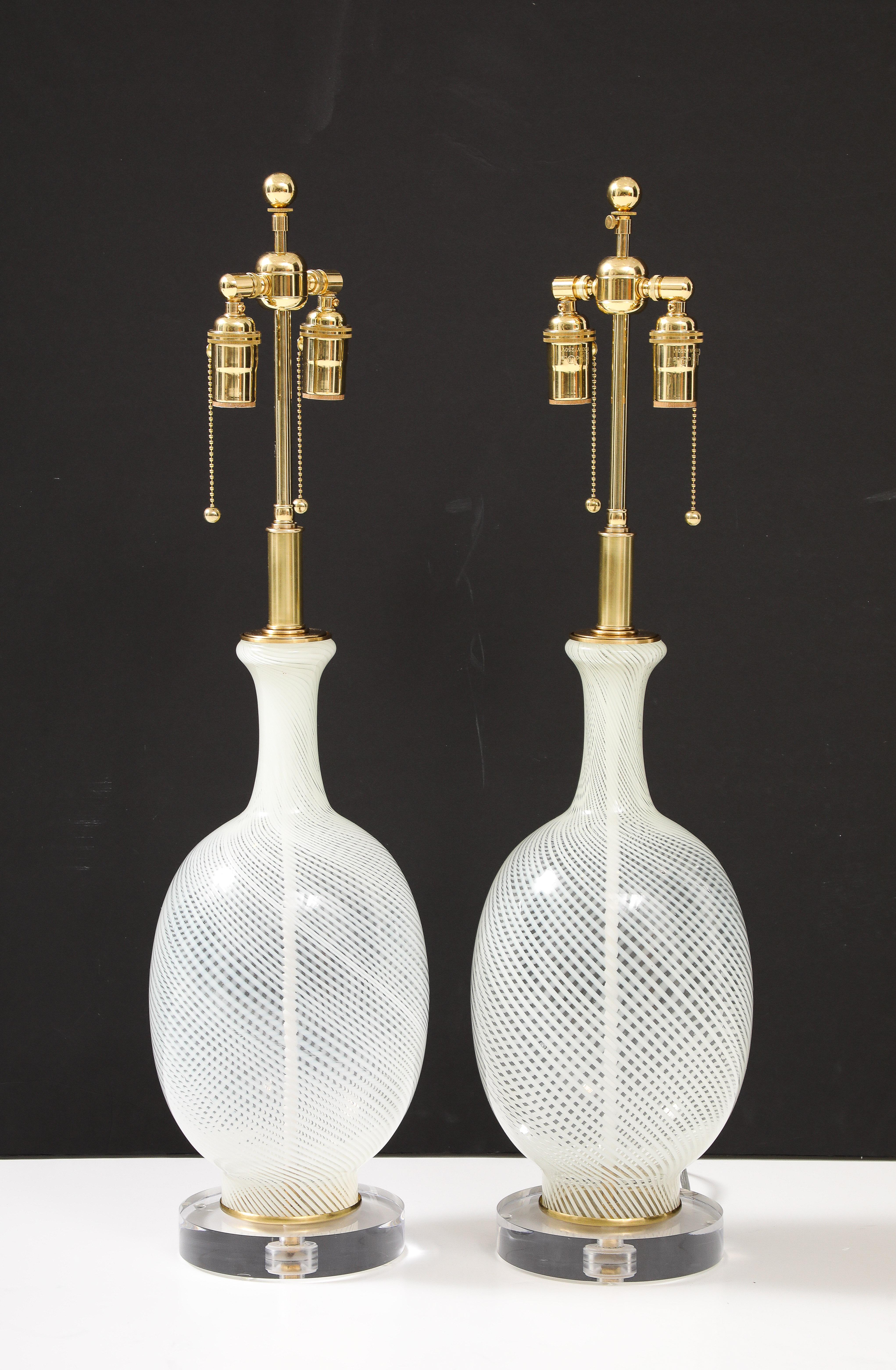 Pair of Large white and clear striped Murano Glass lamps mounted on 1.25