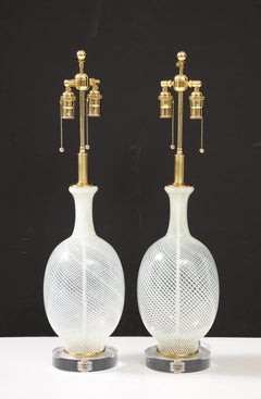 Pair of Large Mid-Century  White Striped Murano Glass Lamps.