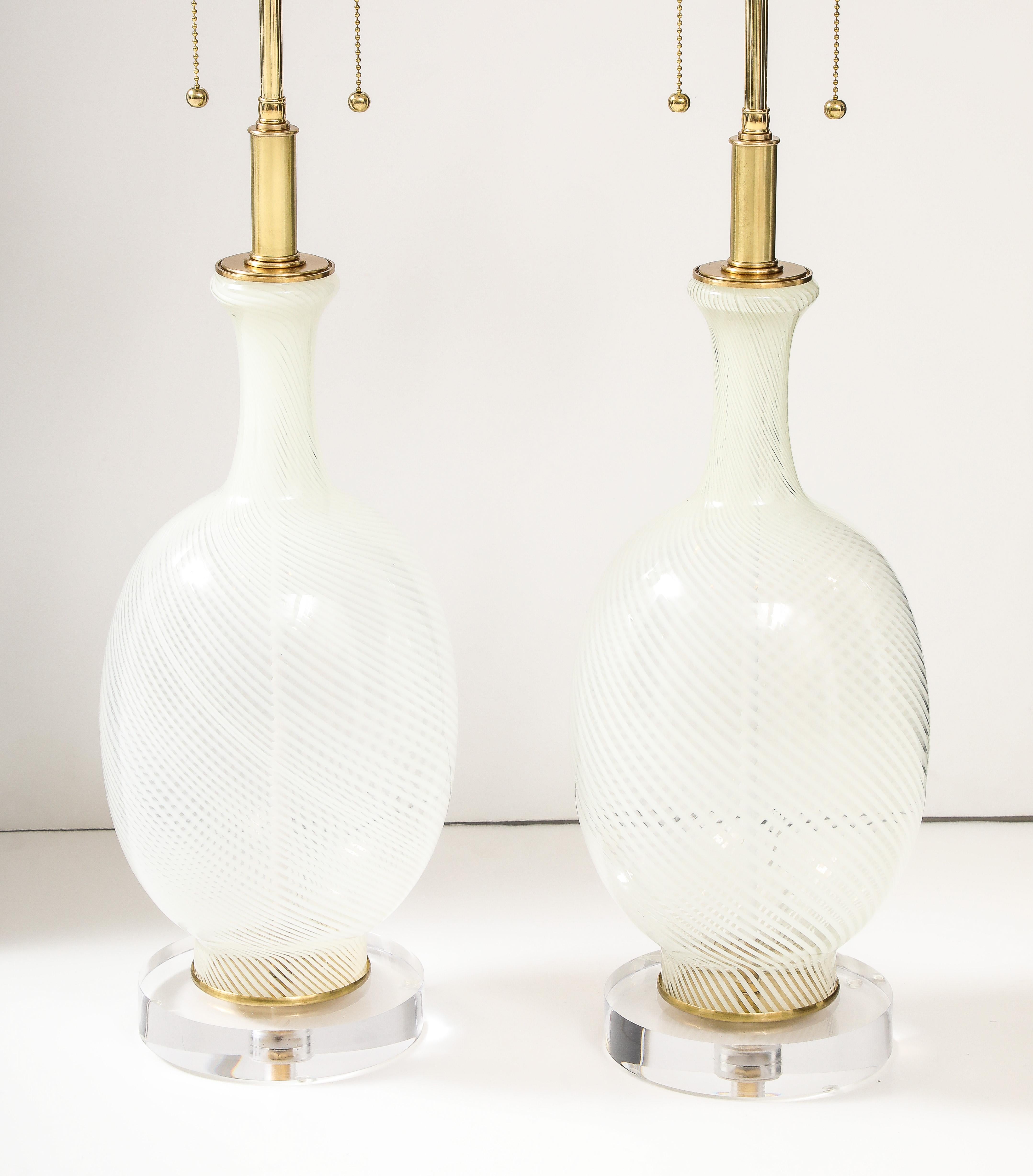Mid-Century Modern Pair of Large Mid-Century  White Striped Murano Glass Lamps.