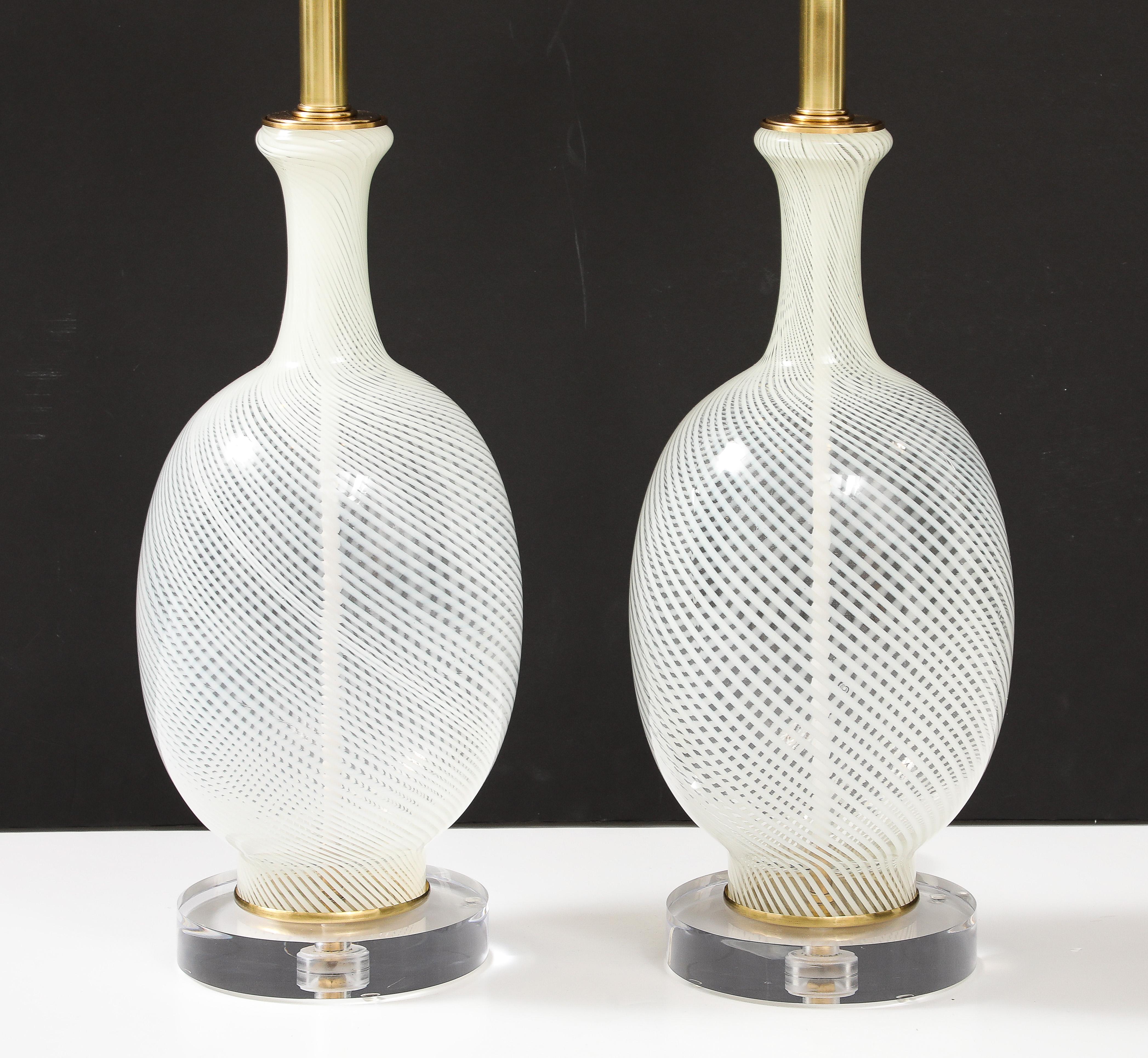Italian Pair of Large Mid-Century  White Striped Murano Glass Lamps.