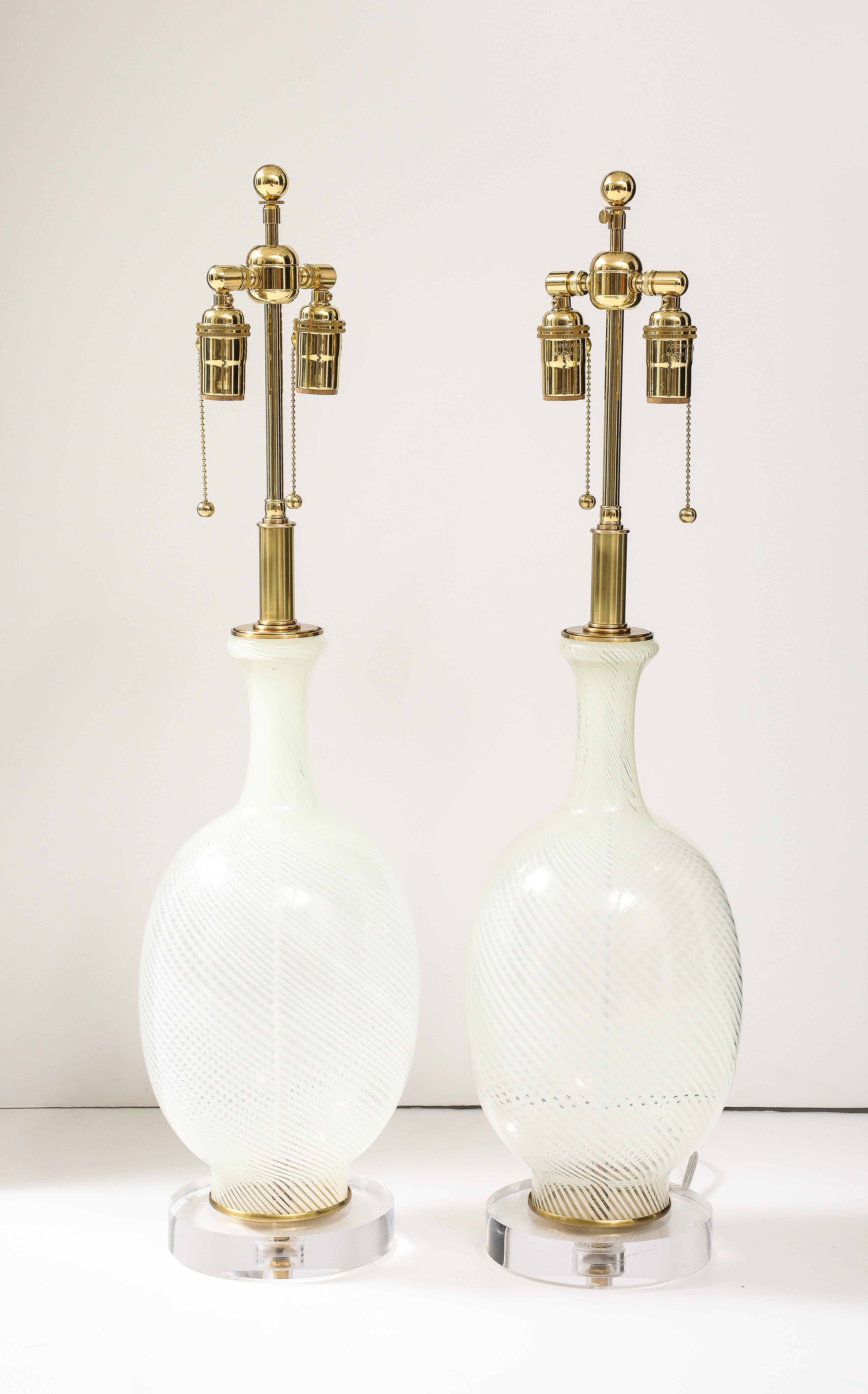 Pair of Large Mid-Century  White Striped Murano Glass Lamps. In Good Condition In New York, NY
