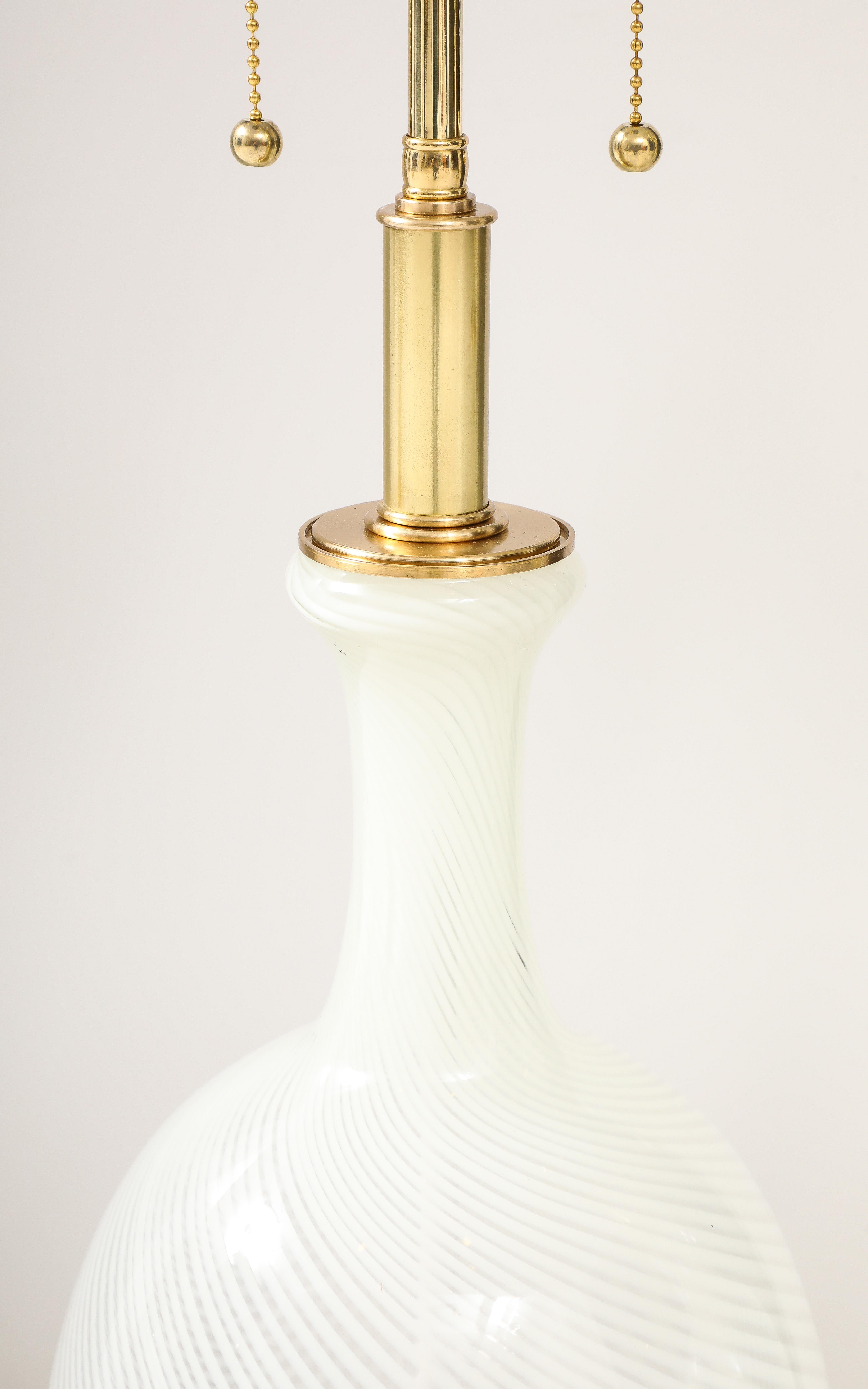 Mid-20th Century Pair of Large Mid-Century  White Striped Murano Glass Lamps.