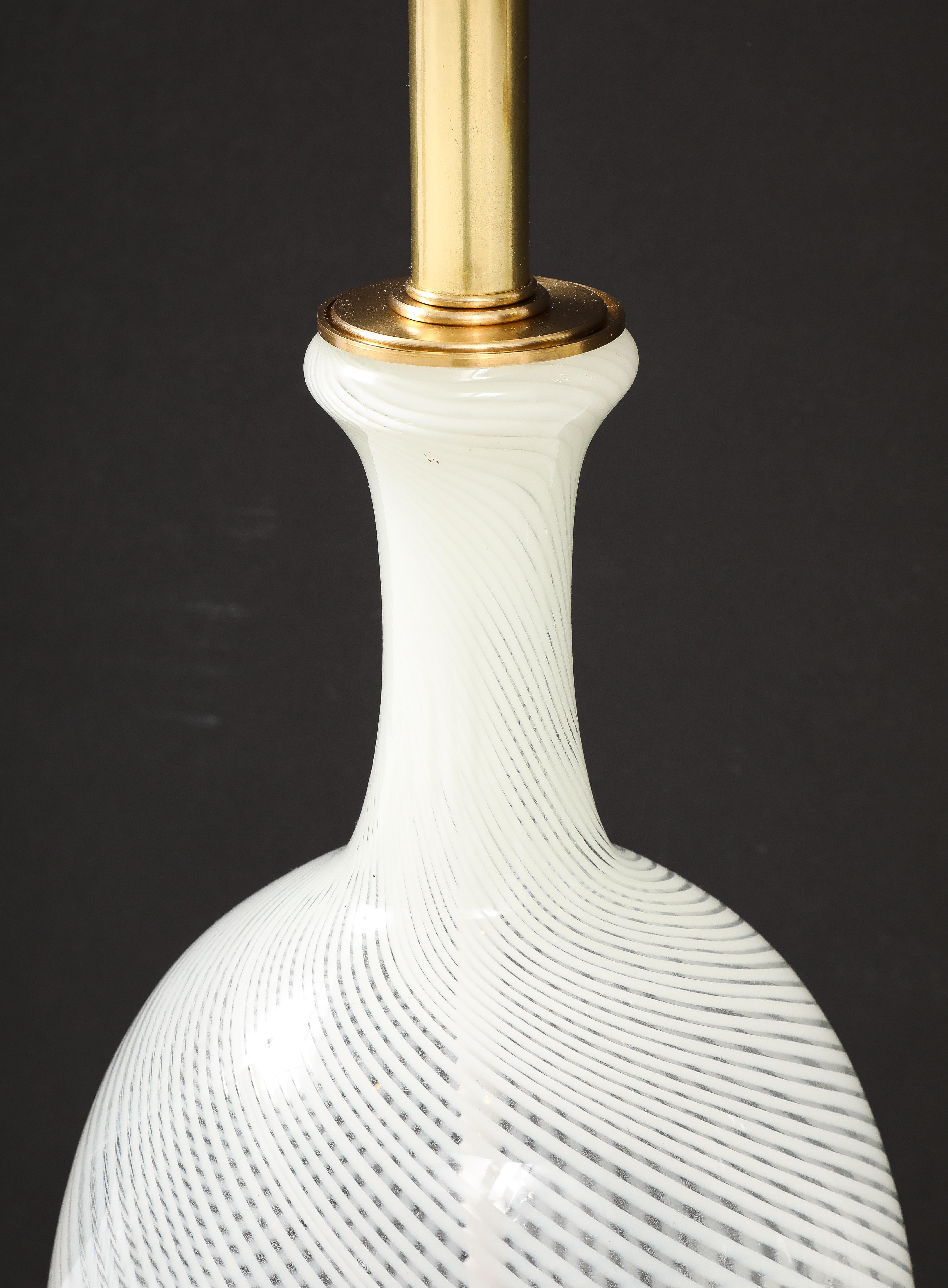Brass Pair of Large Mid-Century  White Striped Murano Glass Lamps.
