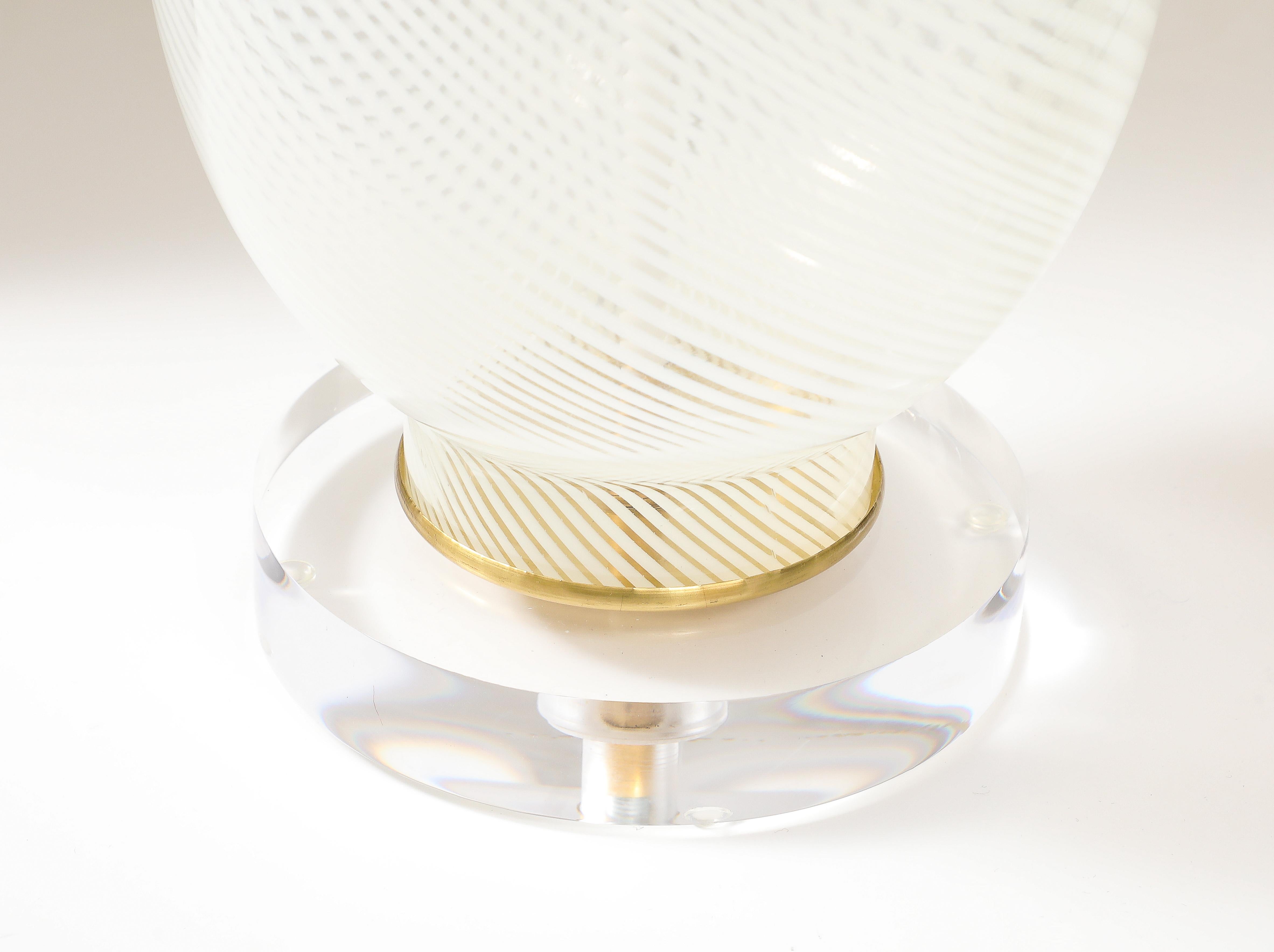 Pair of Large Mid-Century  White Striped Murano Glass Lamps. 2