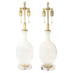 Pair of Large Mid-Century  White Striped Murano Glass Lamps.