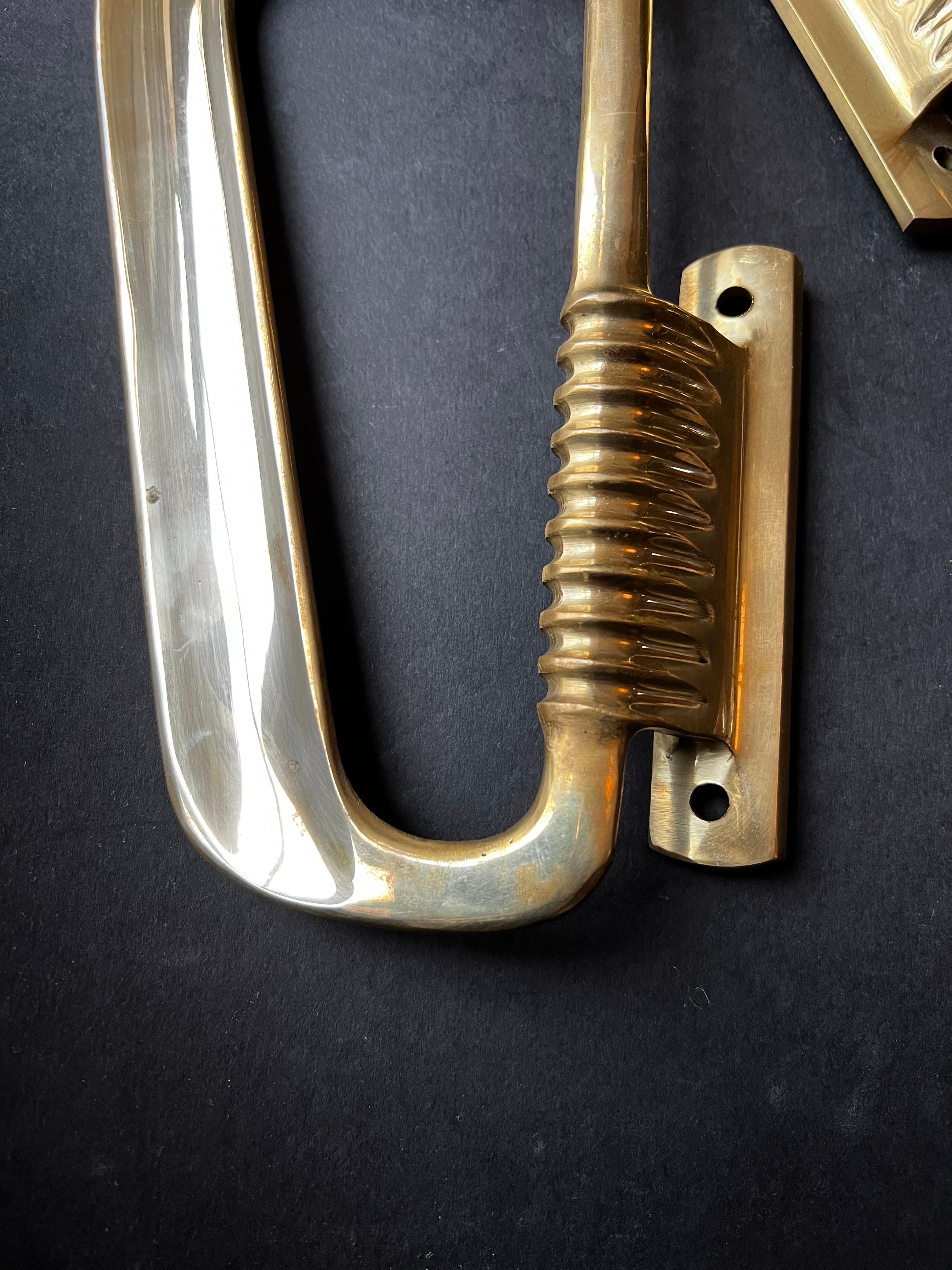 Cast Pair of Large Midcentury Brass Door Handles, Italy [II] For Sale