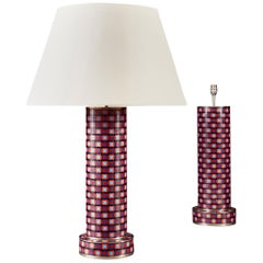 Pair of Large Midcentury Cloisonné Lamps with Pop Art Design in Red and Blue