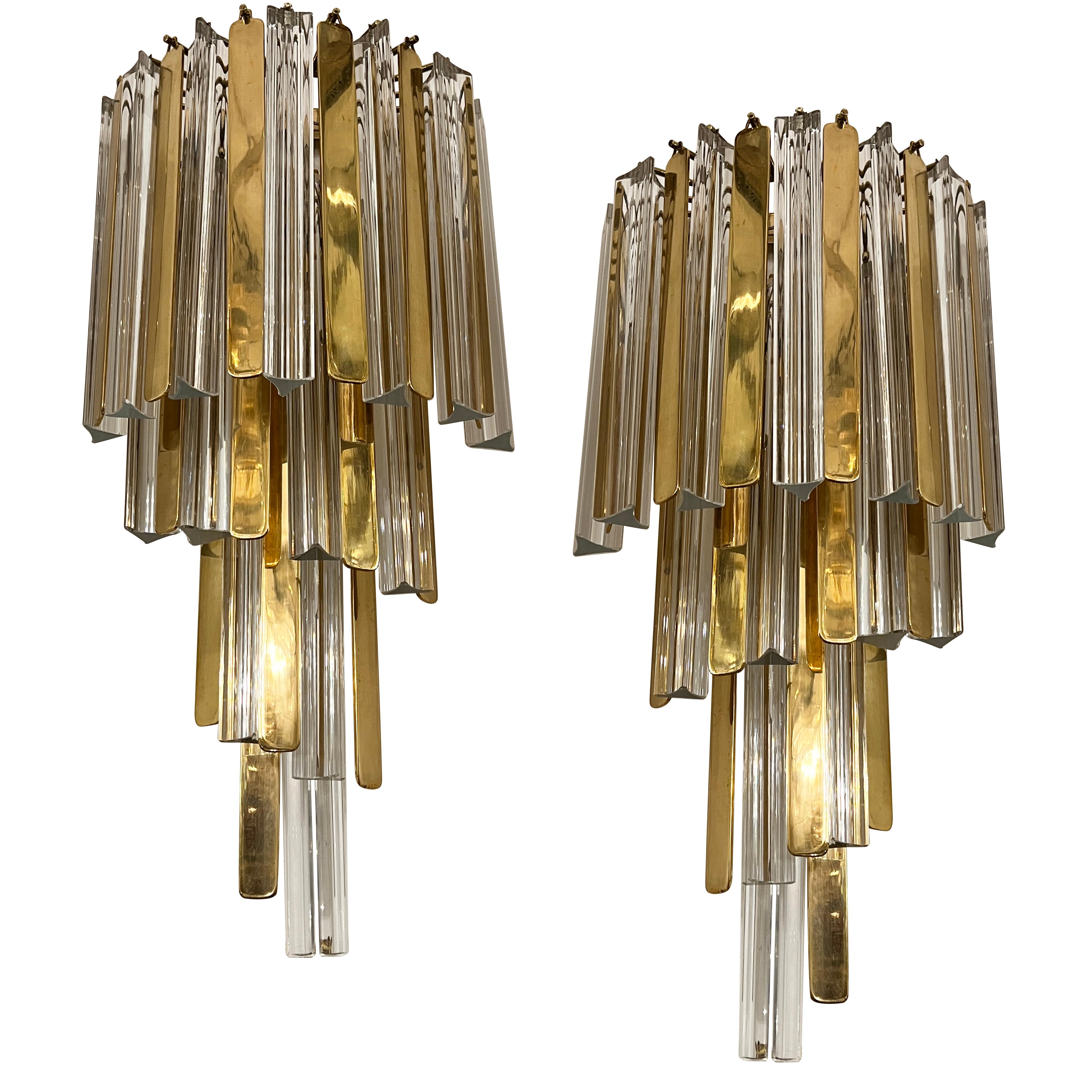 A pair of large circa 1960's Italian glass and bronze sconces with two interior lights each.

Measurements:
Height: 26