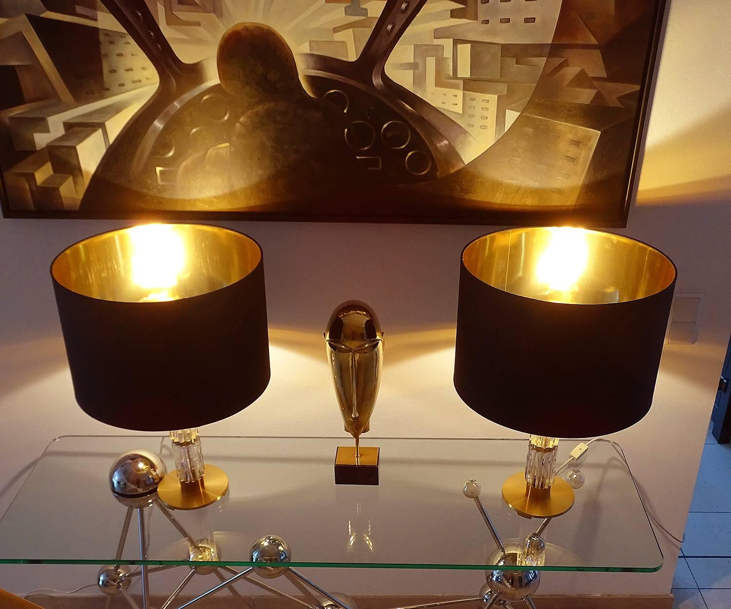 Mid-Century Modern Mid Century Pair Modern Kaiser Glass Table Lamps, Gold Brass Black, 60s For Sale