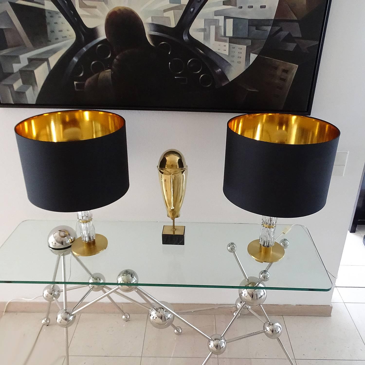 German Mid Century Pair Modern Kaiser Glass Table Lamps, Gold Brass Black, 60s For Sale