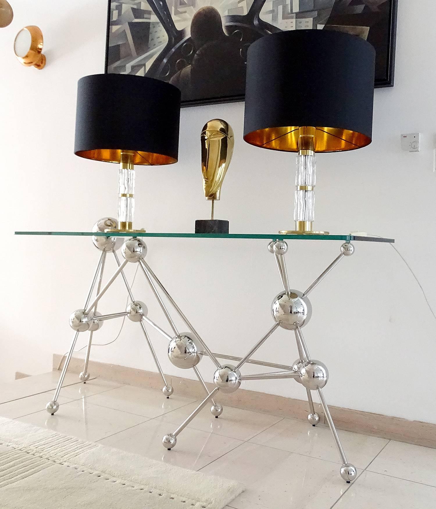 Mid Century Pair Modern Kaiser Glass Table Lamps, Gold Brass Black, 60s In Excellent Condition For Sale In Bremen, DE