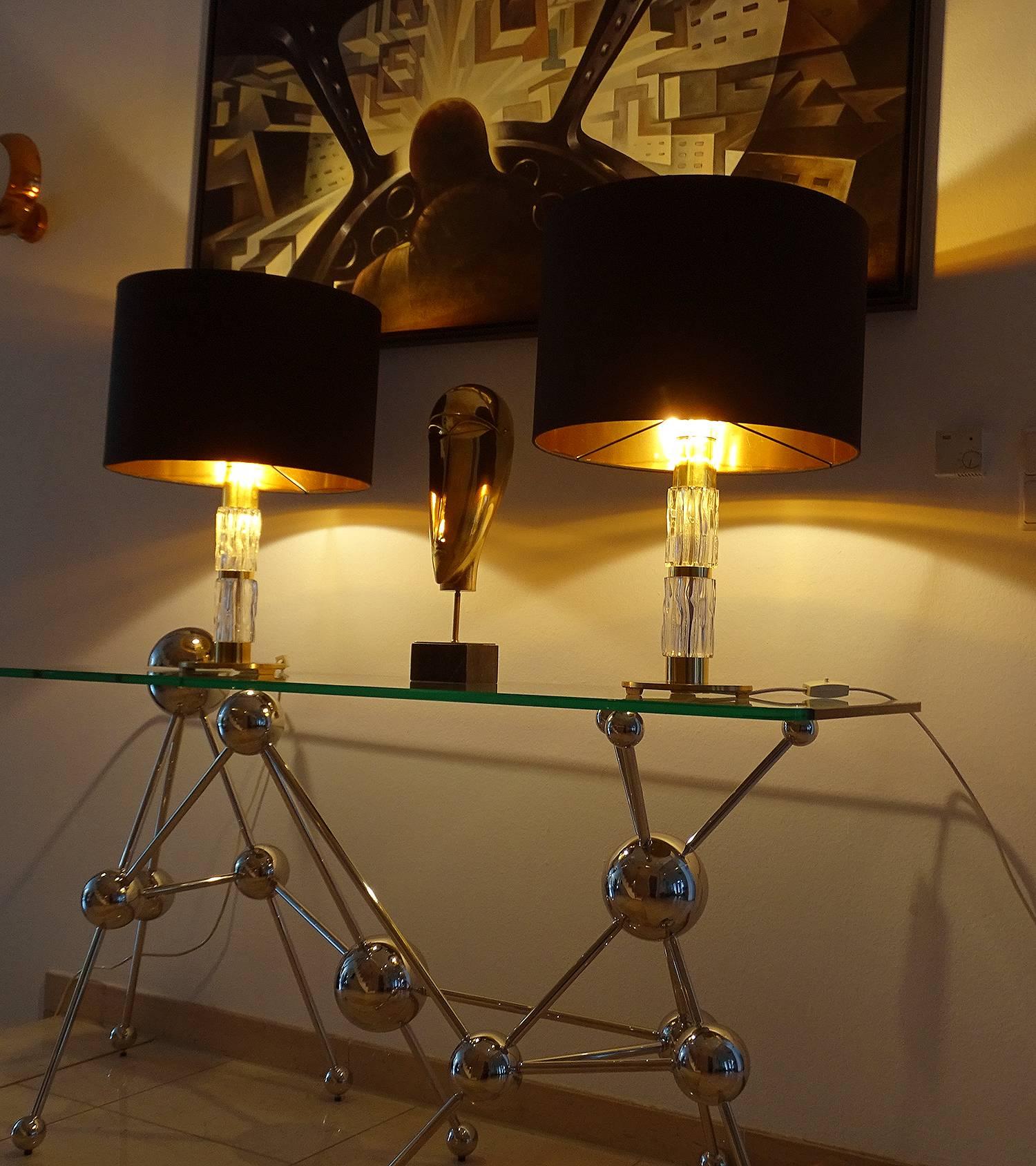 Mid-20th Century Mid Century Pair Modern Kaiser Glass Table Lamps, Gold Brass Black, 60s For Sale