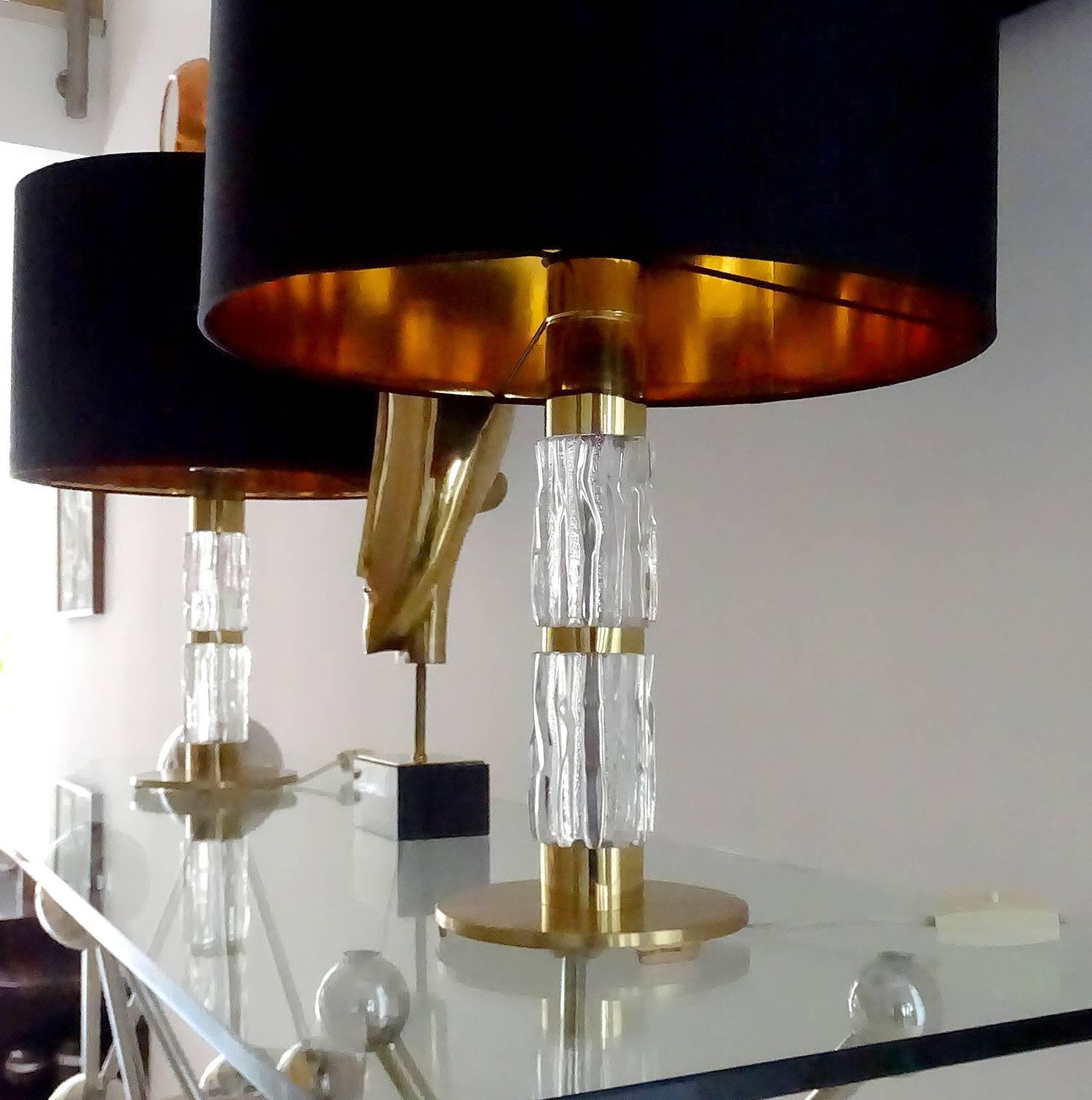 Mid Century Pair Modern Kaiser Glass Table Lamps, Gold Brass Black, 60s For Sale 3