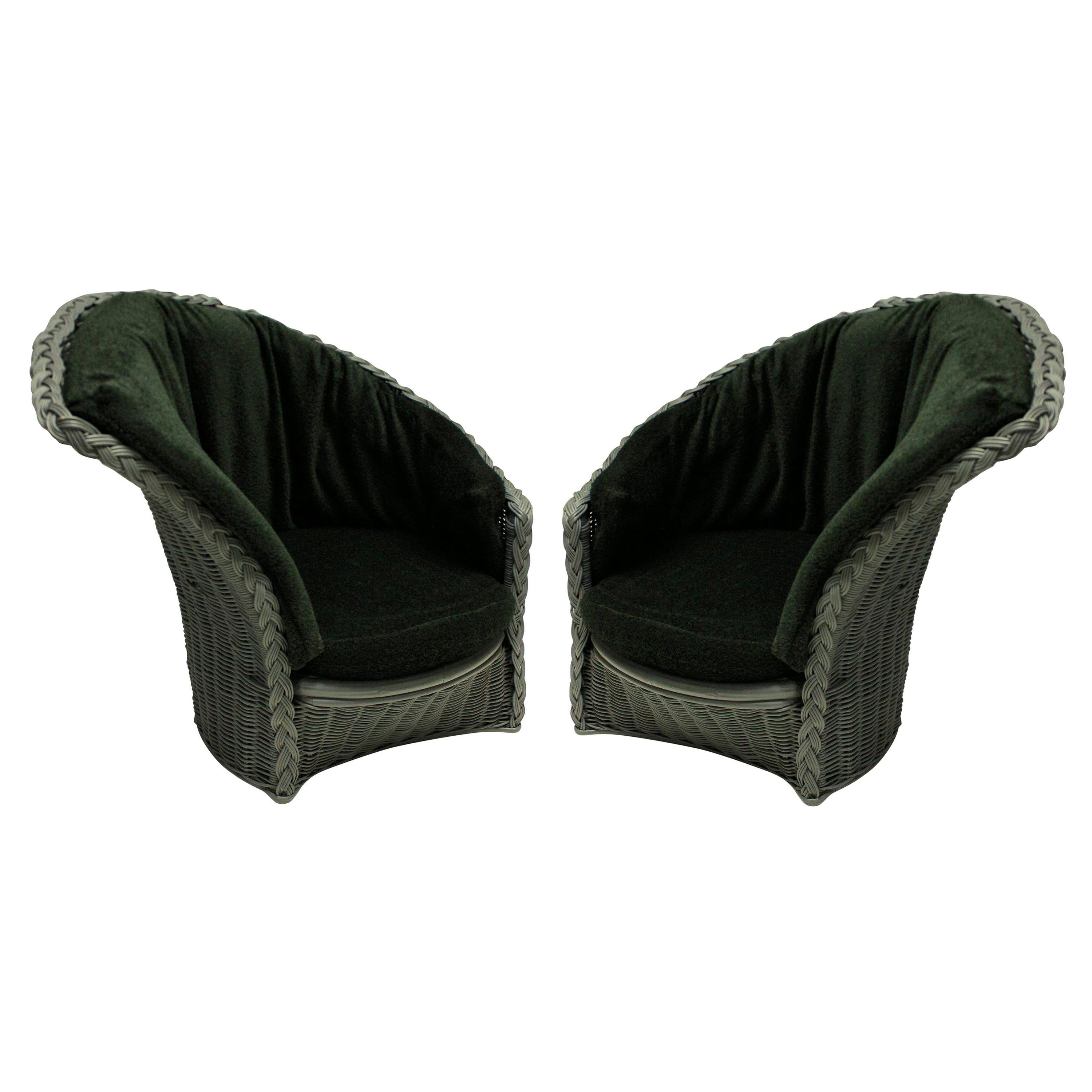 A pair of Italian lounge chairs of good comfortable scale, in grey rattan with mohair cushions in dark green.