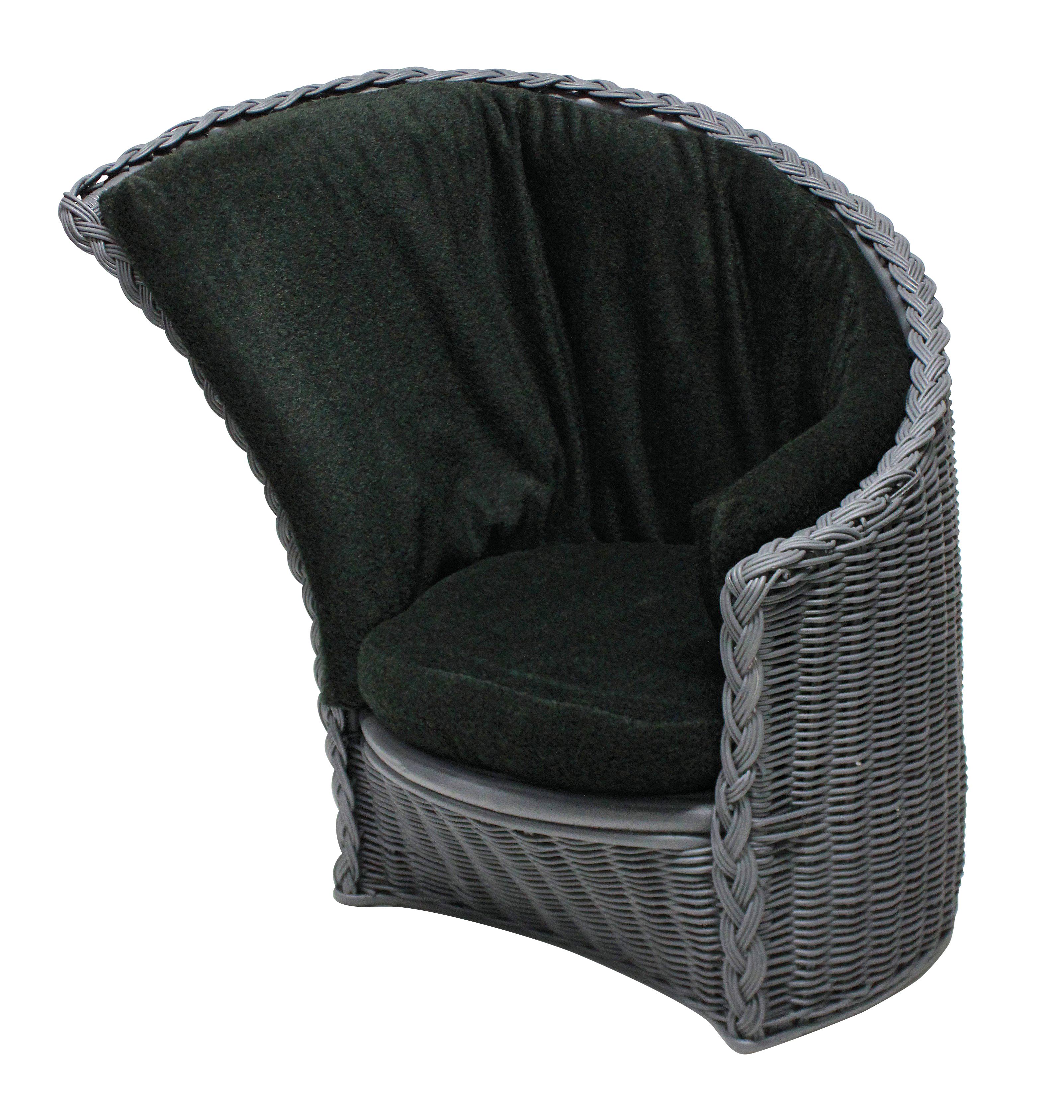 A pair of Italian lounge chairs of good comfortable scale, in grey rattan with mohair cushions in dark green.