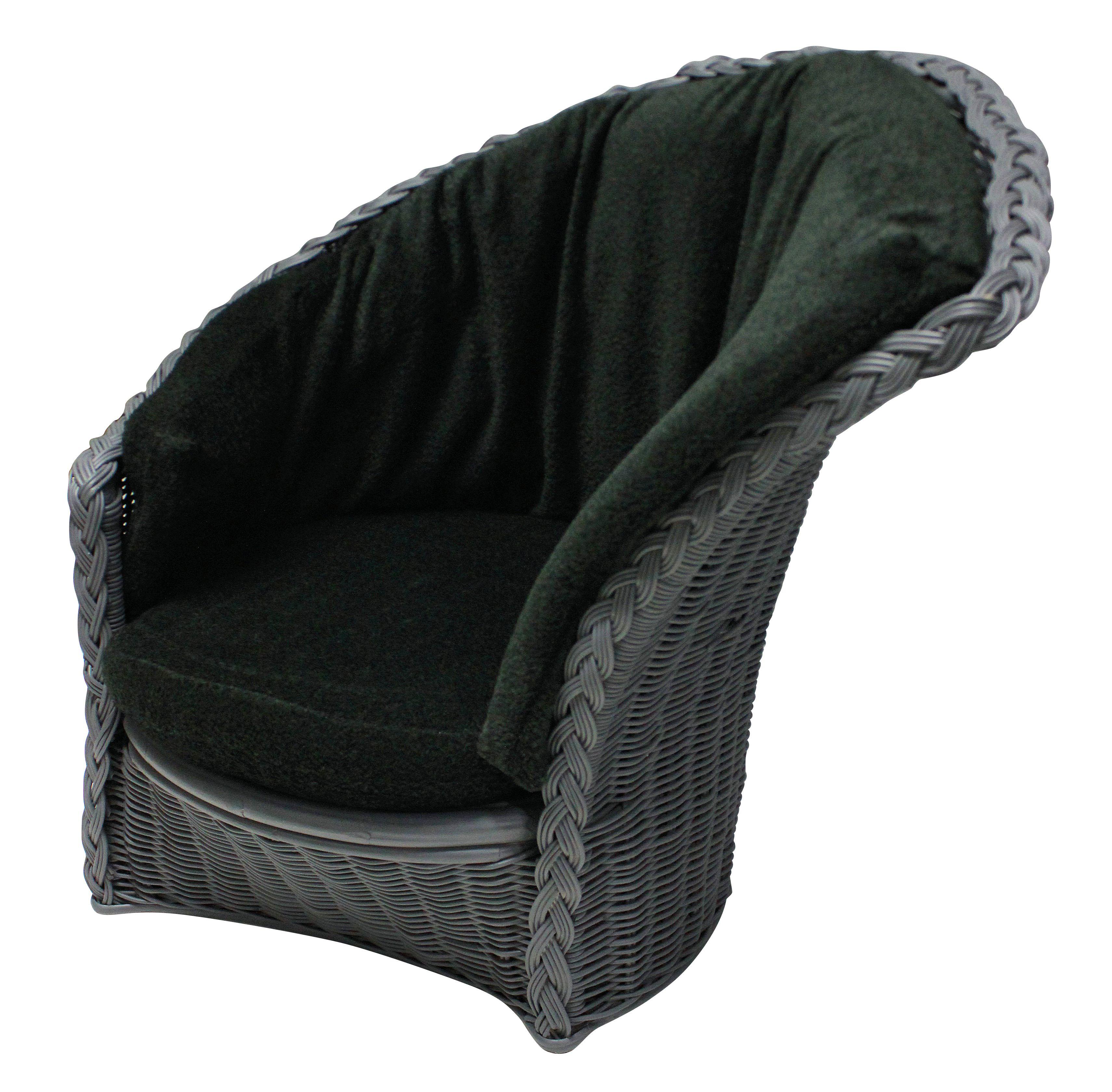 A pair of Italian lounge chairs of good comfortable scale, in grey rattan with mohair cushions in dark green.