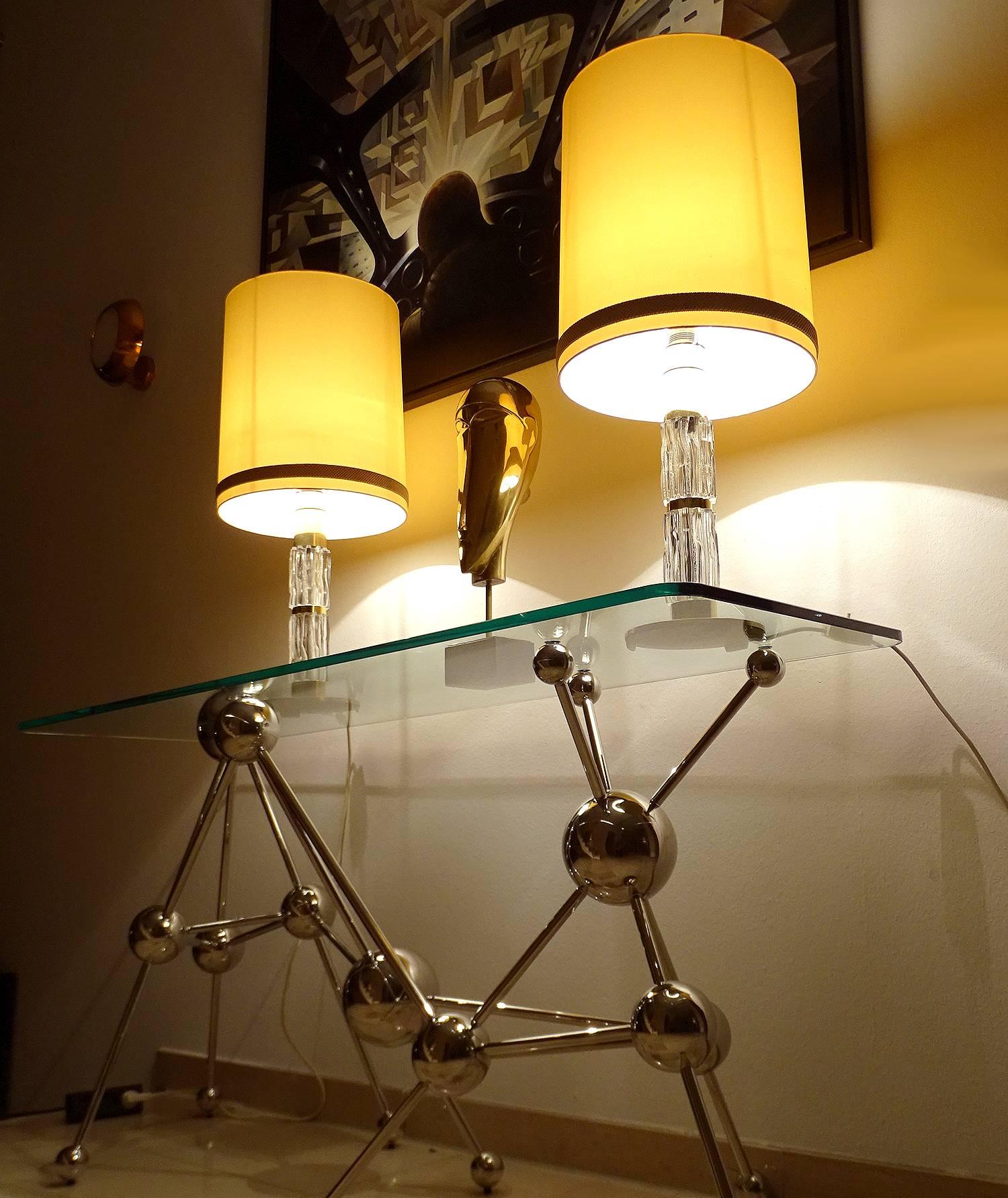 Pair Very Large Sideboard Credenza Kaiser Table Lamps Lights, Glass Brass, 1960s For Sale 3